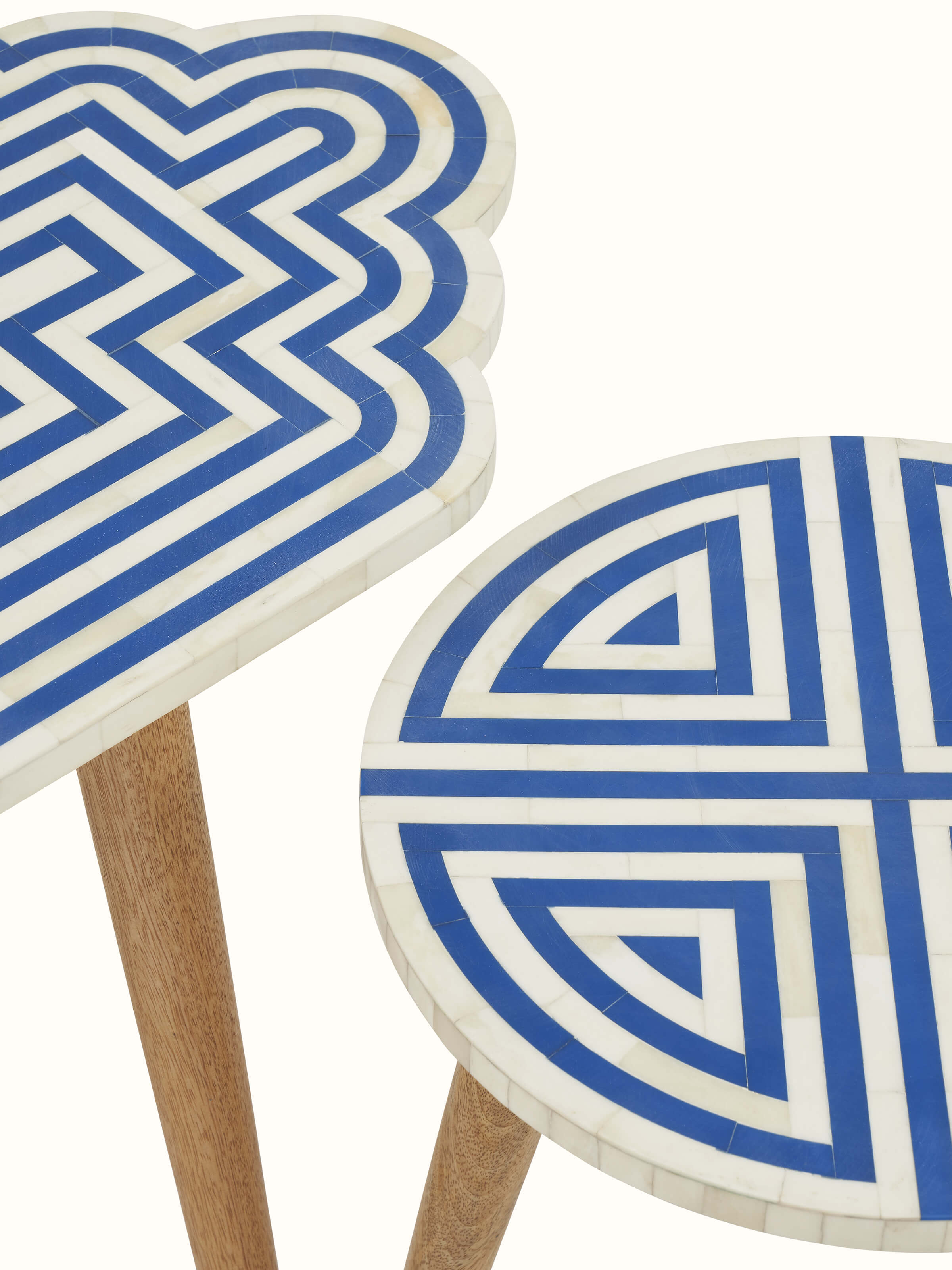 Detailed view of Blue Acacia Wood Bone Inlay Nesting Tables (2 Pcs) showcasing the fine craftsmanship and elegant design.