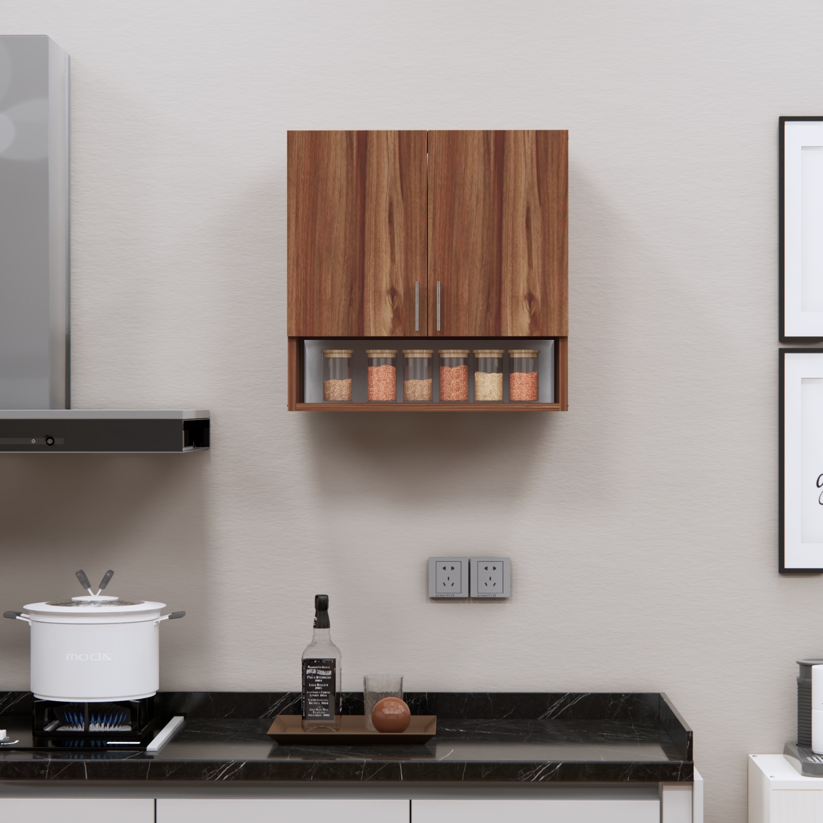 2 Doors Modular Wall Mounted Kitchen Cabinet With Organizer Shelf In Aisan Walnut Finish - Speciality Panels
