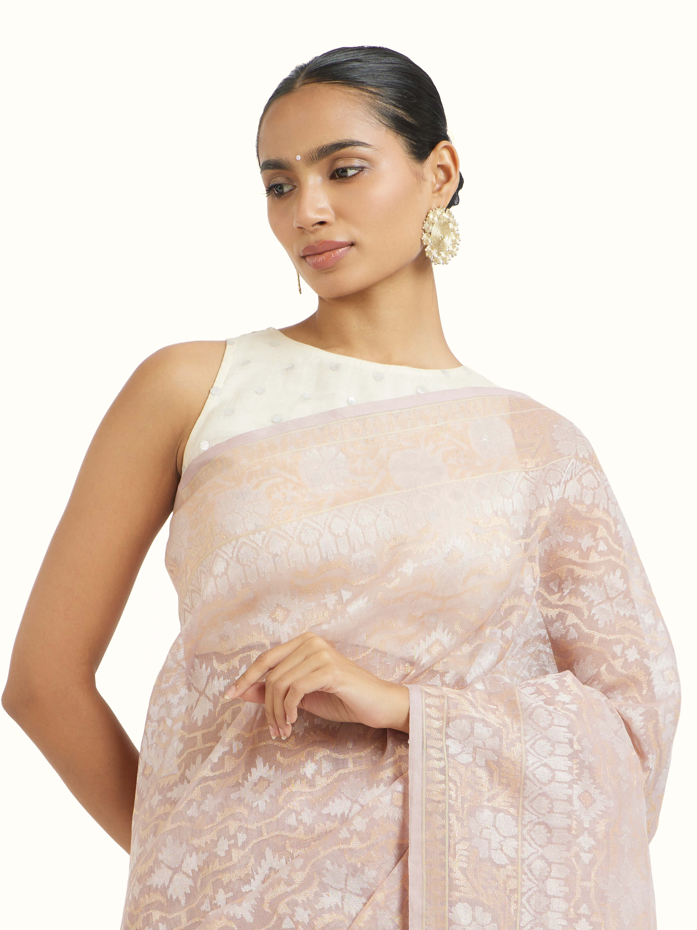 Angled view of the Peach Cotton Awadh Jamdani Banarasi Saree