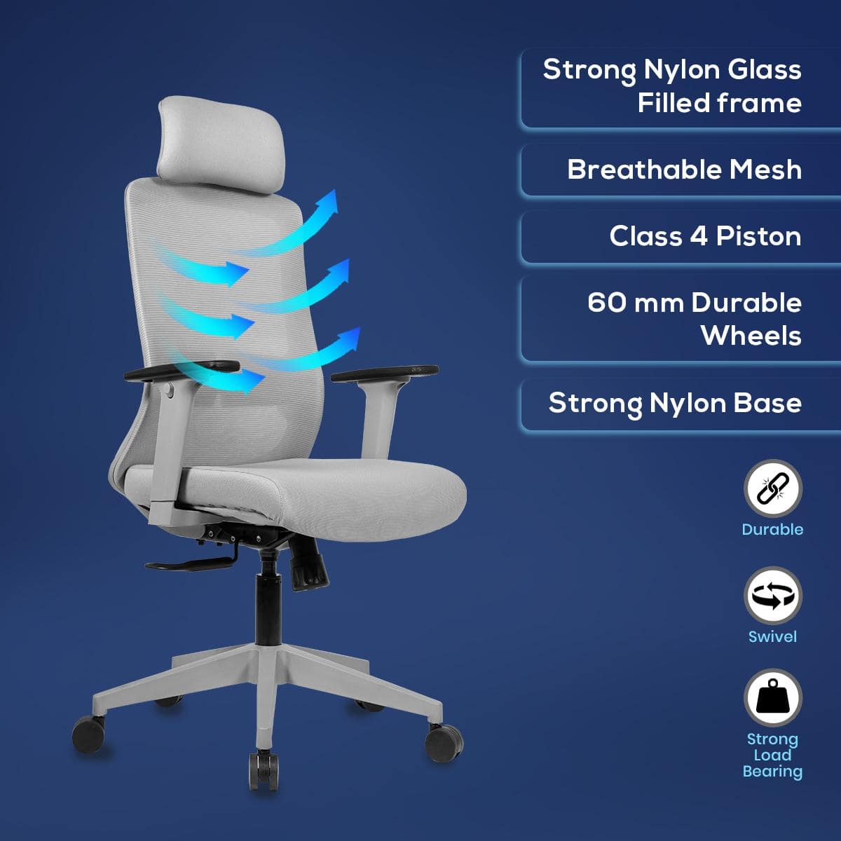 Eterna High Back Mesh Office Chair with Headrest in Grey Colour