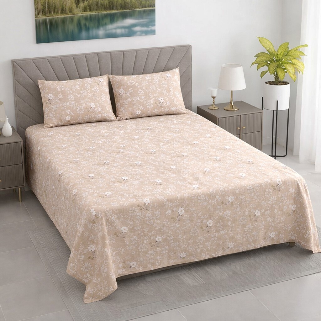 Kira Cream Floral 400 TC Cotton Flat Queen Size Bedsheet with 2 Pillow Covers – Threads