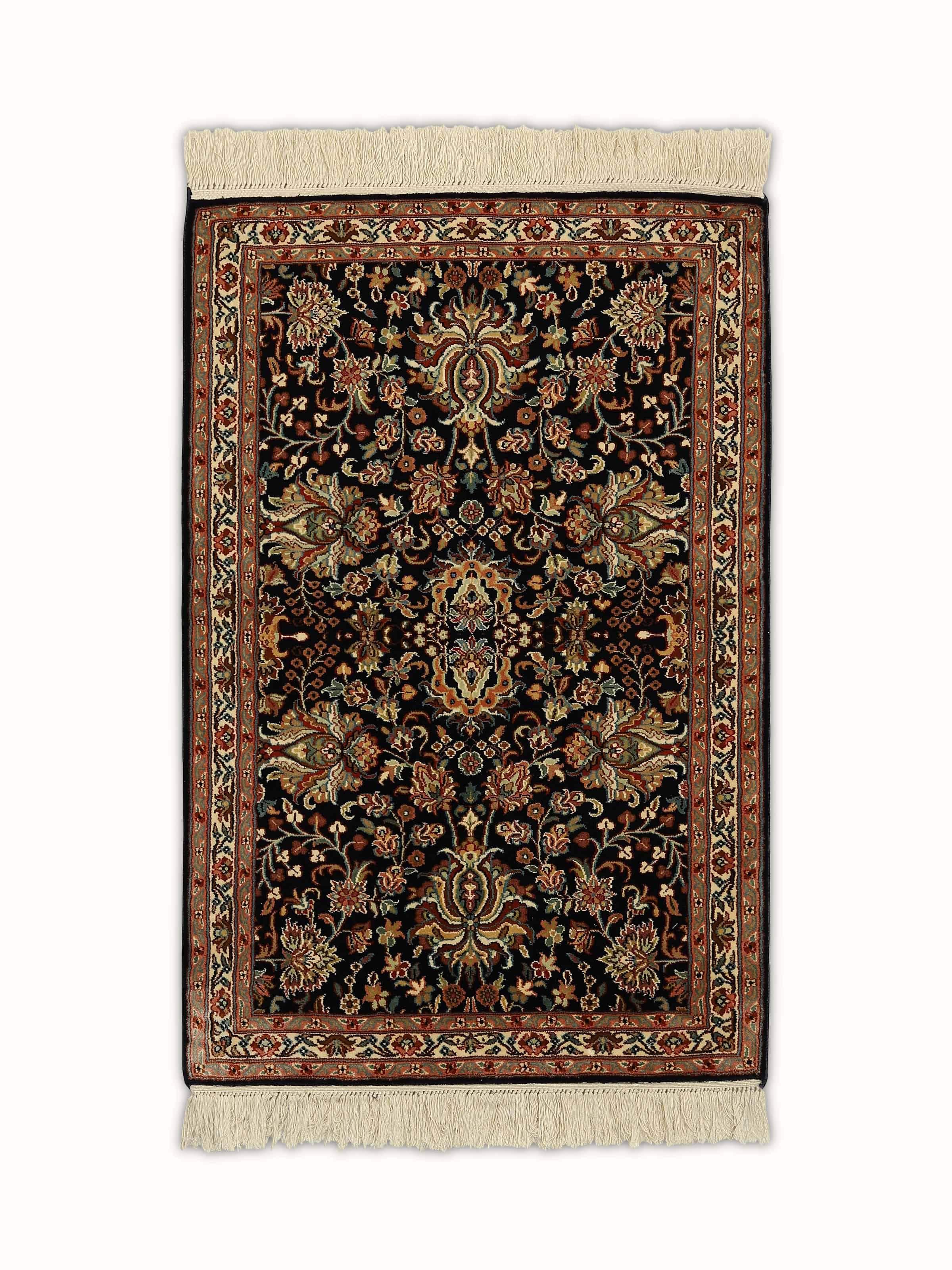 Traditional Persian Navy Blue Shah Abbasi Kashmir Silk Hand-knotted Rug