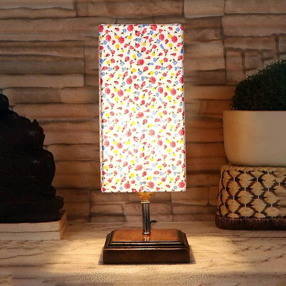 Enjolras Multicolor cotton table lamp with Square Brown Wood Base - Devansh