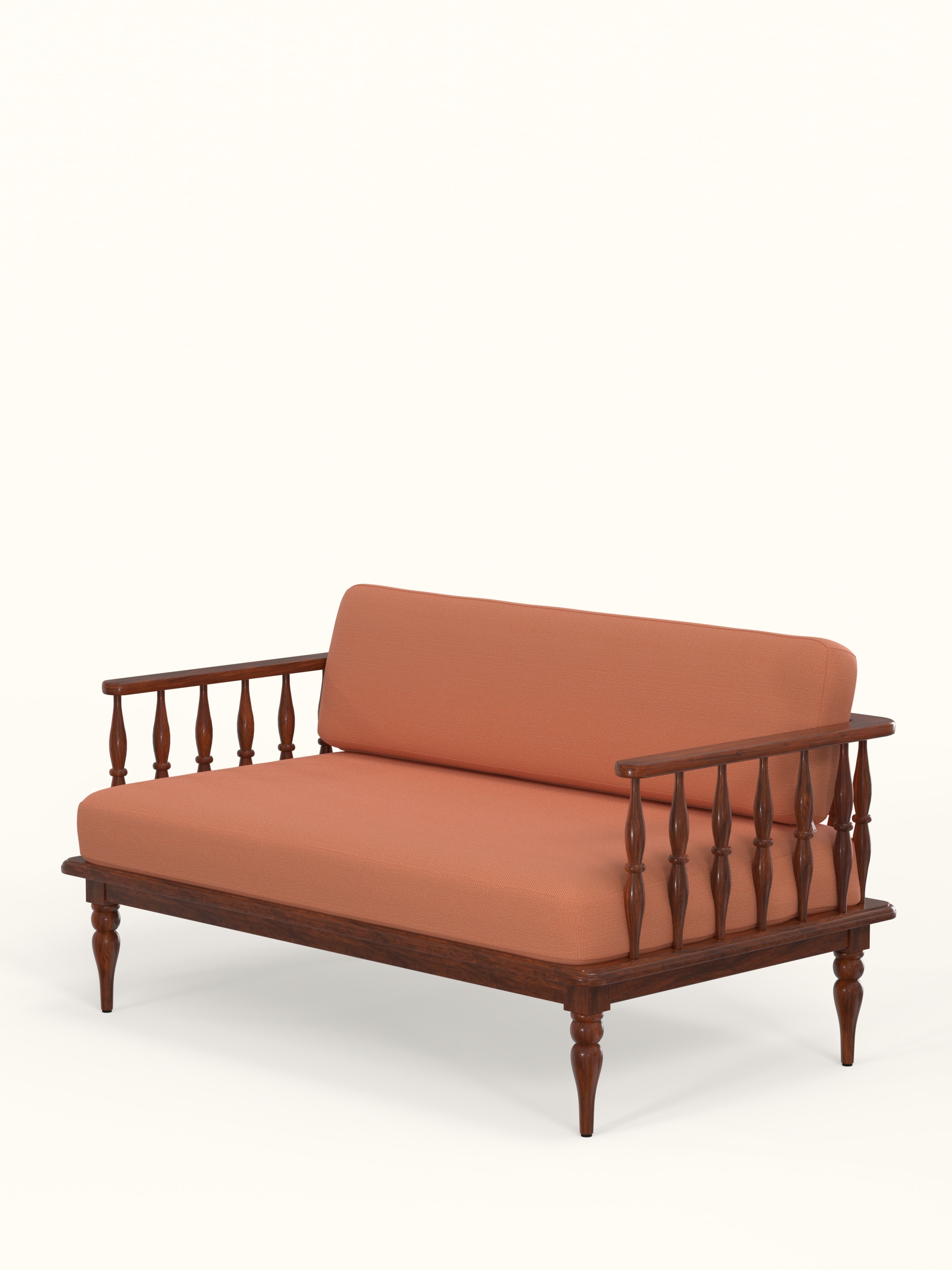 Side view of the rust dobby fabric Sheesham wood 2-seater sofa, highlighting its sleek silhouette and sturdy wooden frame.