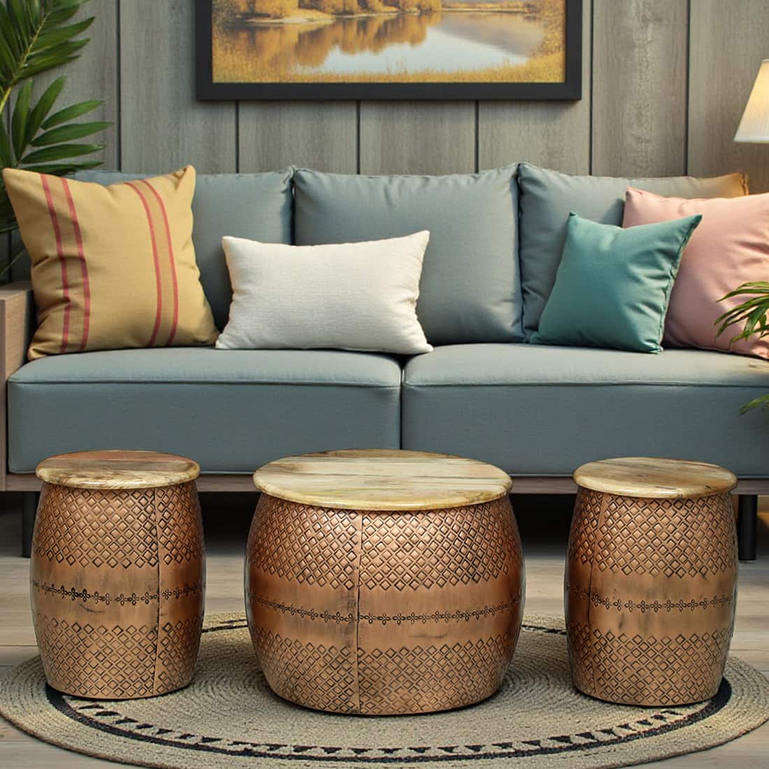 Antique Metal Coffee Table with 2 Stools in Copper Finish Set of 3 - Bhavya Exports