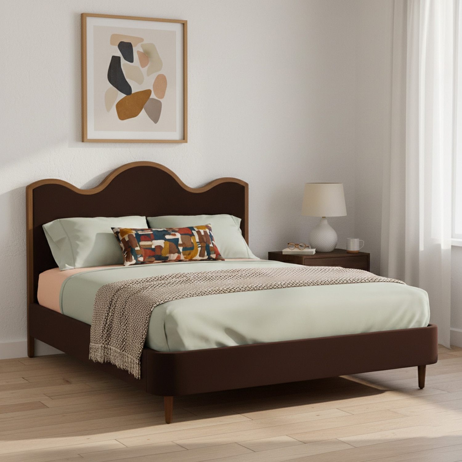 Solara Wave Luxe King Size Bed in velvet With Oak wood Frame & Hydraulic Storage - Nestroots