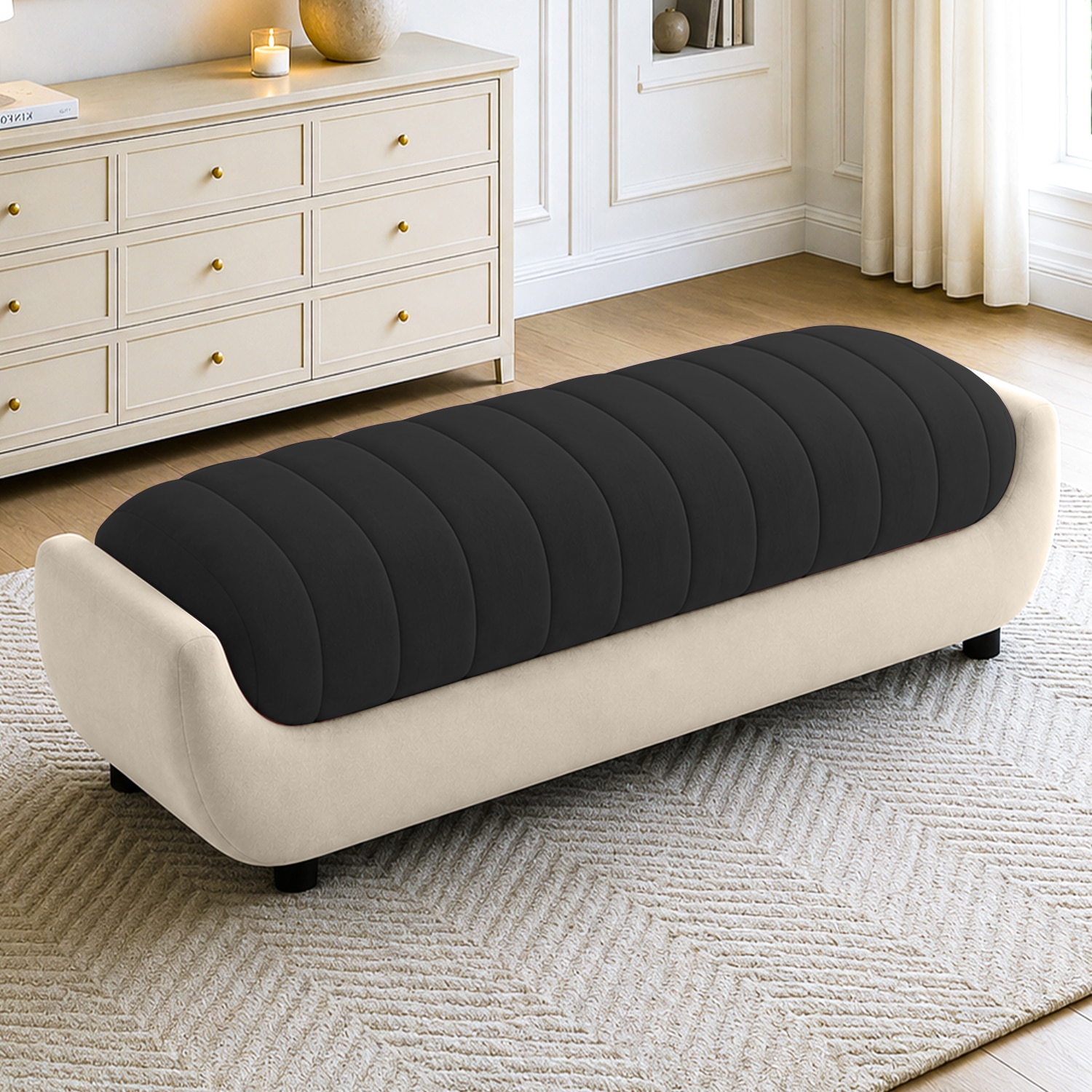 Marko Velvet 2 Seater 5 Feet Ottoman Bench in Black & Cream  Color - Home Lifestylez