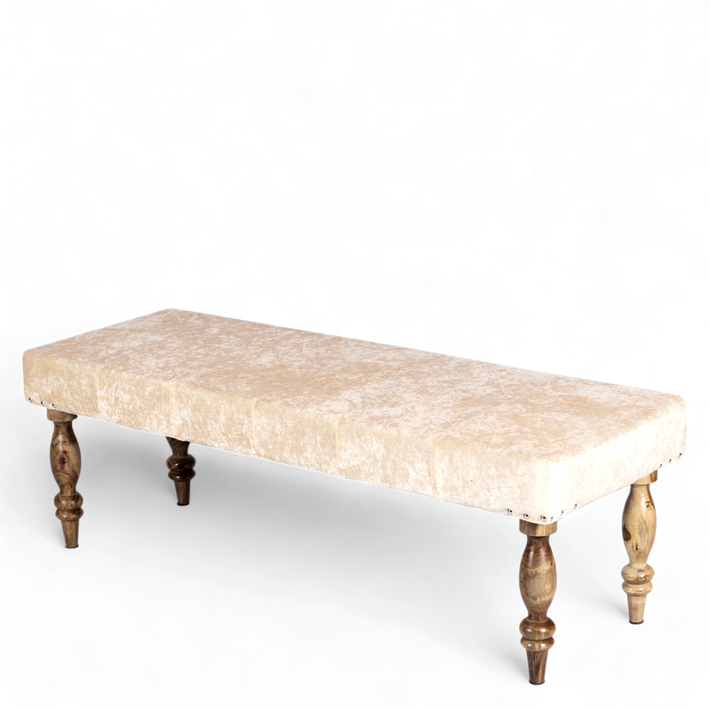 Cairo Soild Wood Bench In Velvet Cream Fabric