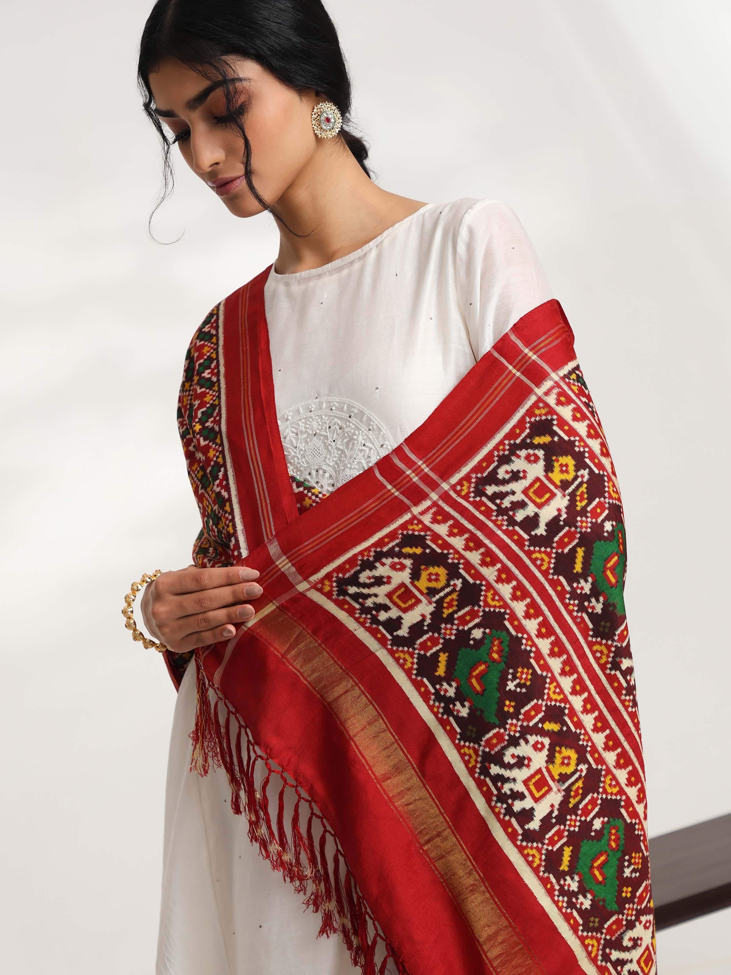 Red Ikat Patan Patola Handwoven Dupatta