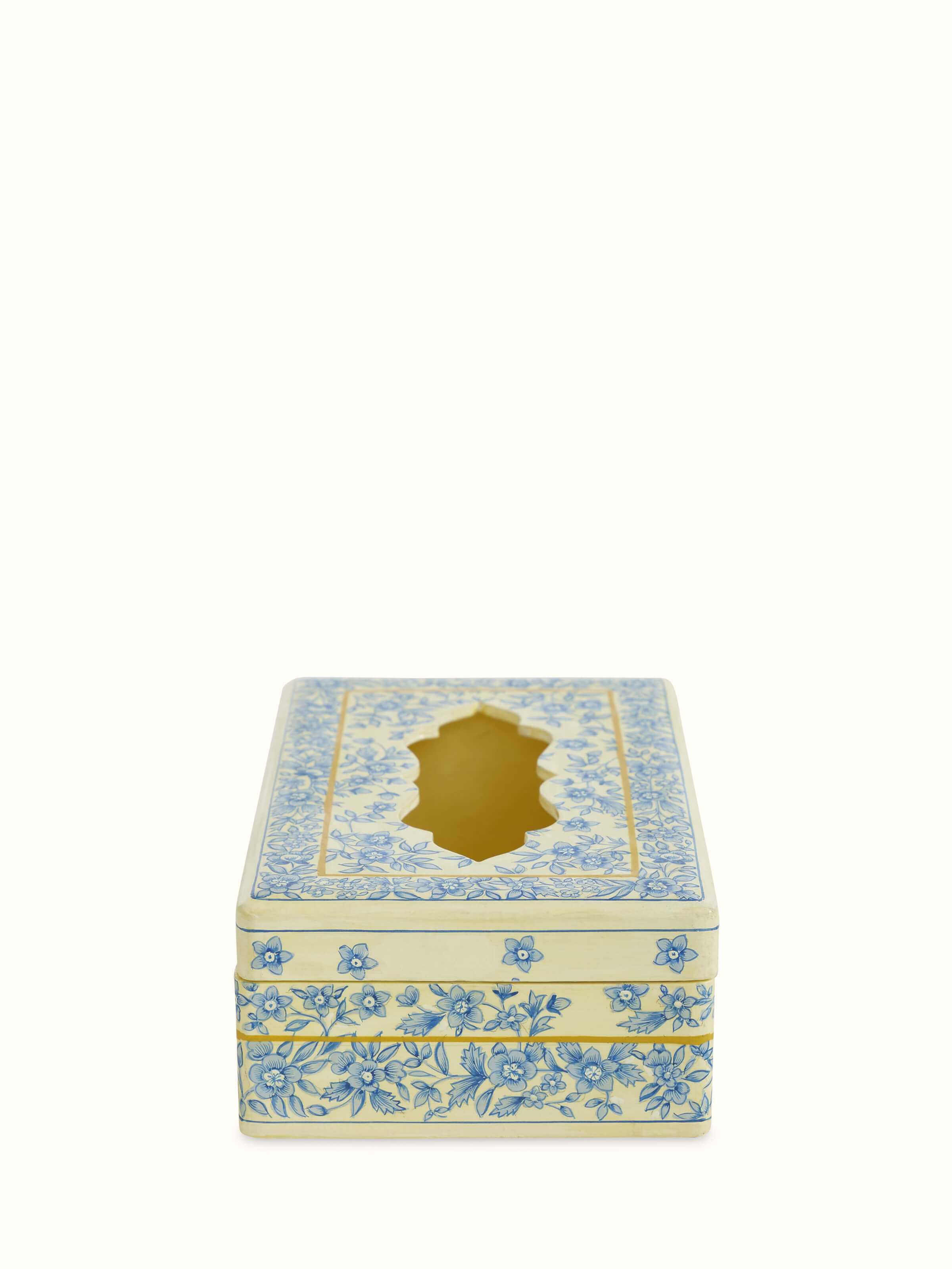 Angled view of Papier-mache & Wood Tissue Box in white from Swadesh highlighting its elegant shape and smooth surface