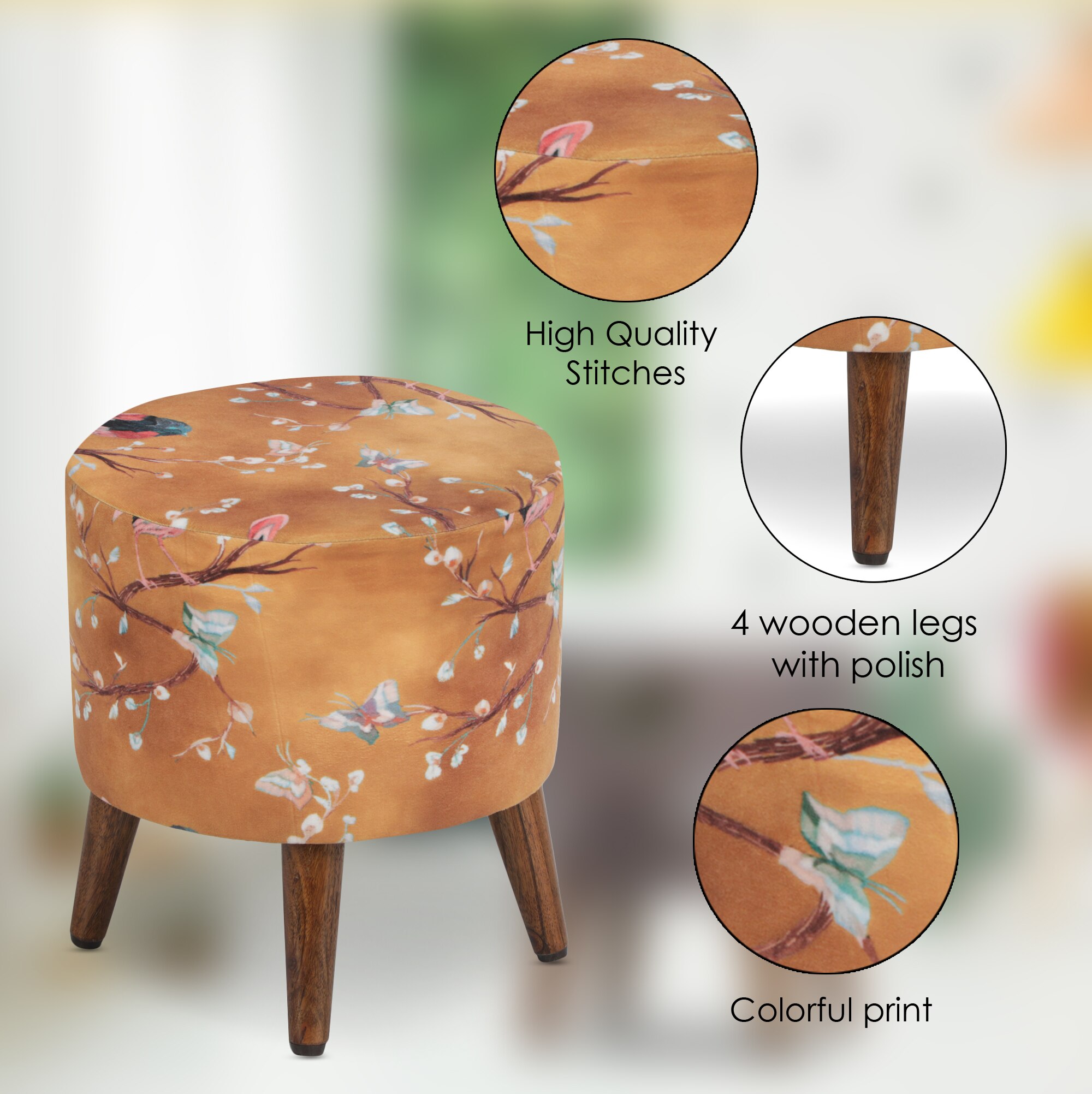 Elowen Solid Wood  Ottomon in  Gold Colour