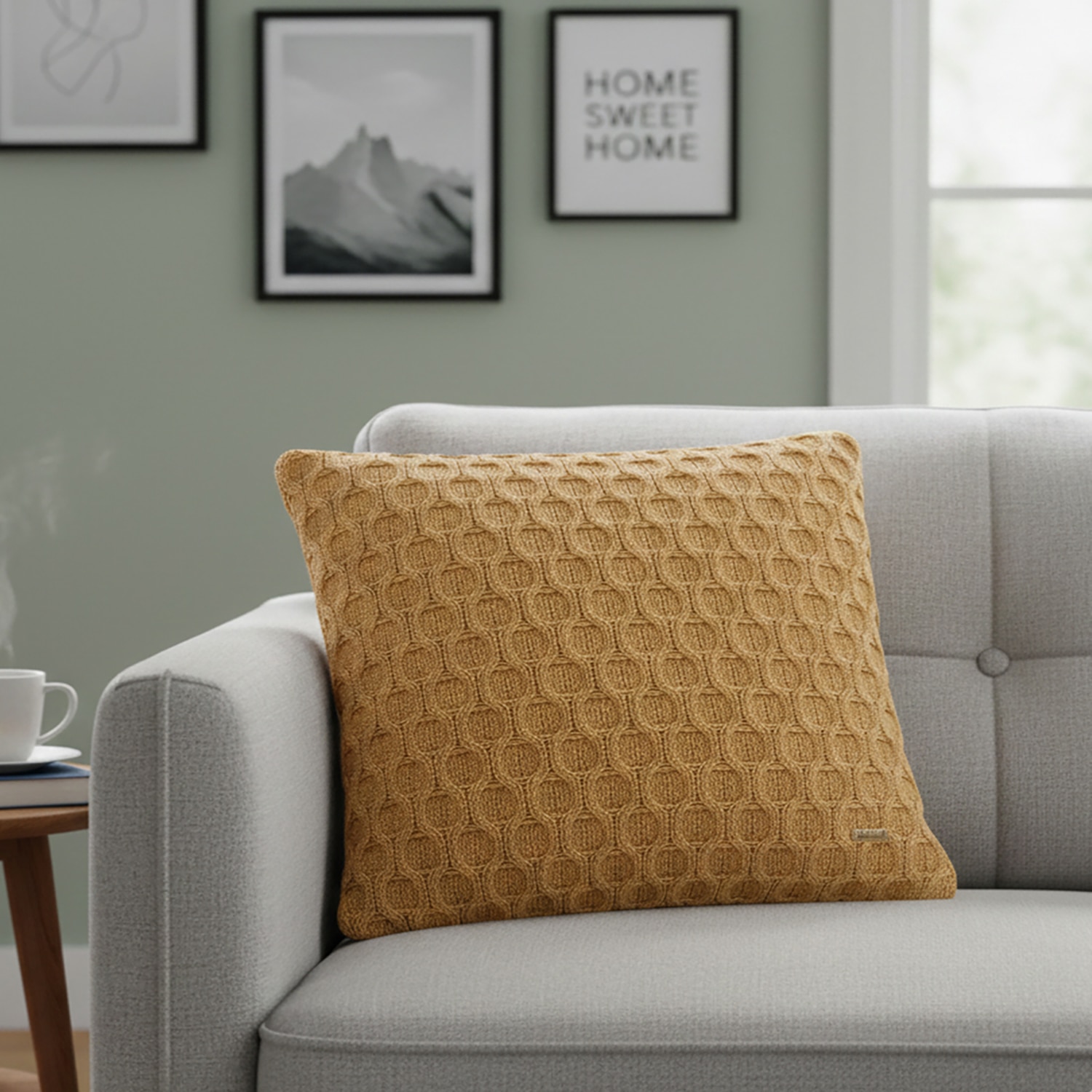 Kelly Knit Mustard Cotton Cushion Cover 16X16 Inches - Pluchi