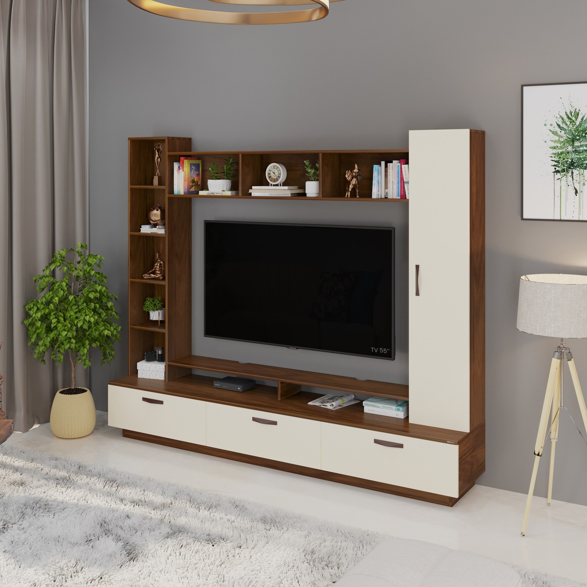 BLUEWUD Fenily Engineering Wood Floor Standing TV Entertainment Unit Set Top Box Stand/TV Cabinet with Shelves for Books & D�cor Display Unit Bed Living Room Upto 60 Inches (Brown Maple & Beige)