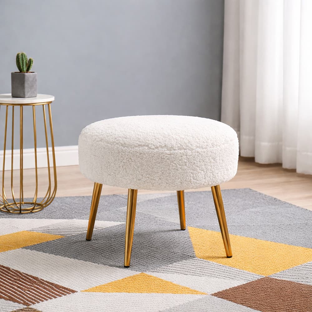 Doe Buck Luna Boucle Round Ottoman Stool in White Colour with Gold Metal Legs - Doe Buck