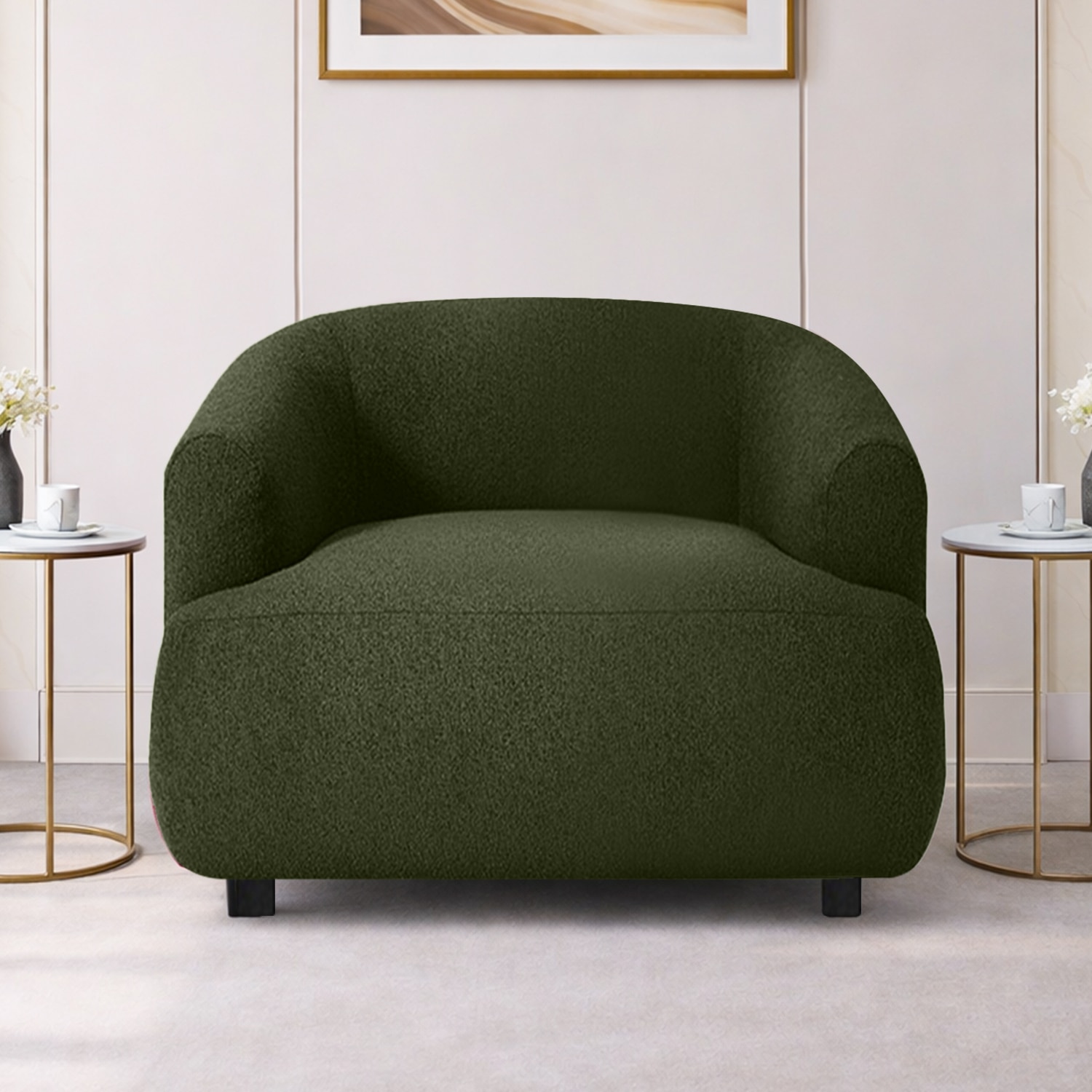 Morgen Boucle Fabric 1 Seater Sofa In Olive Green - Home Lifestylez
