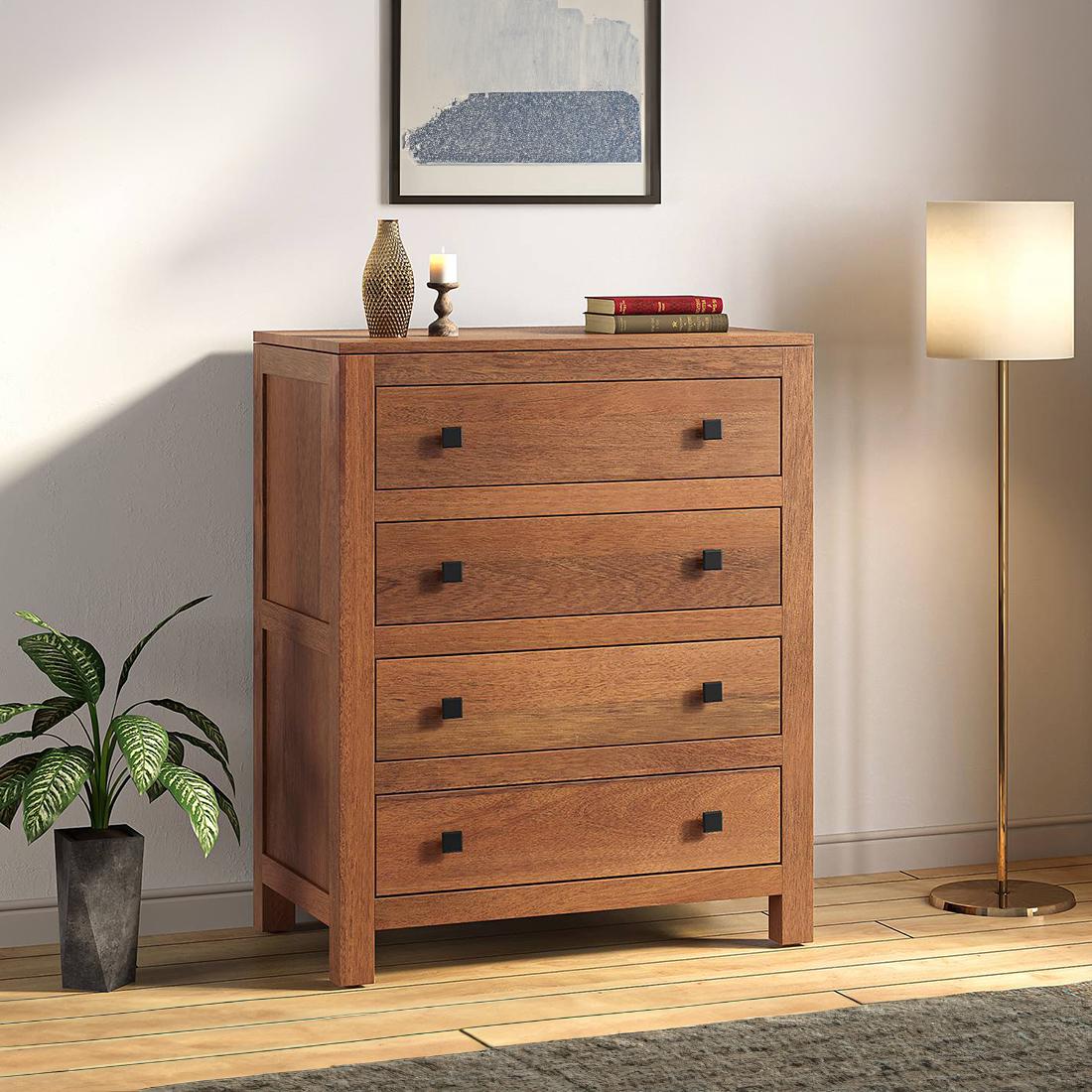 Walter Solid Wood Chest of 4 Drawers in Amber Walnut Finish