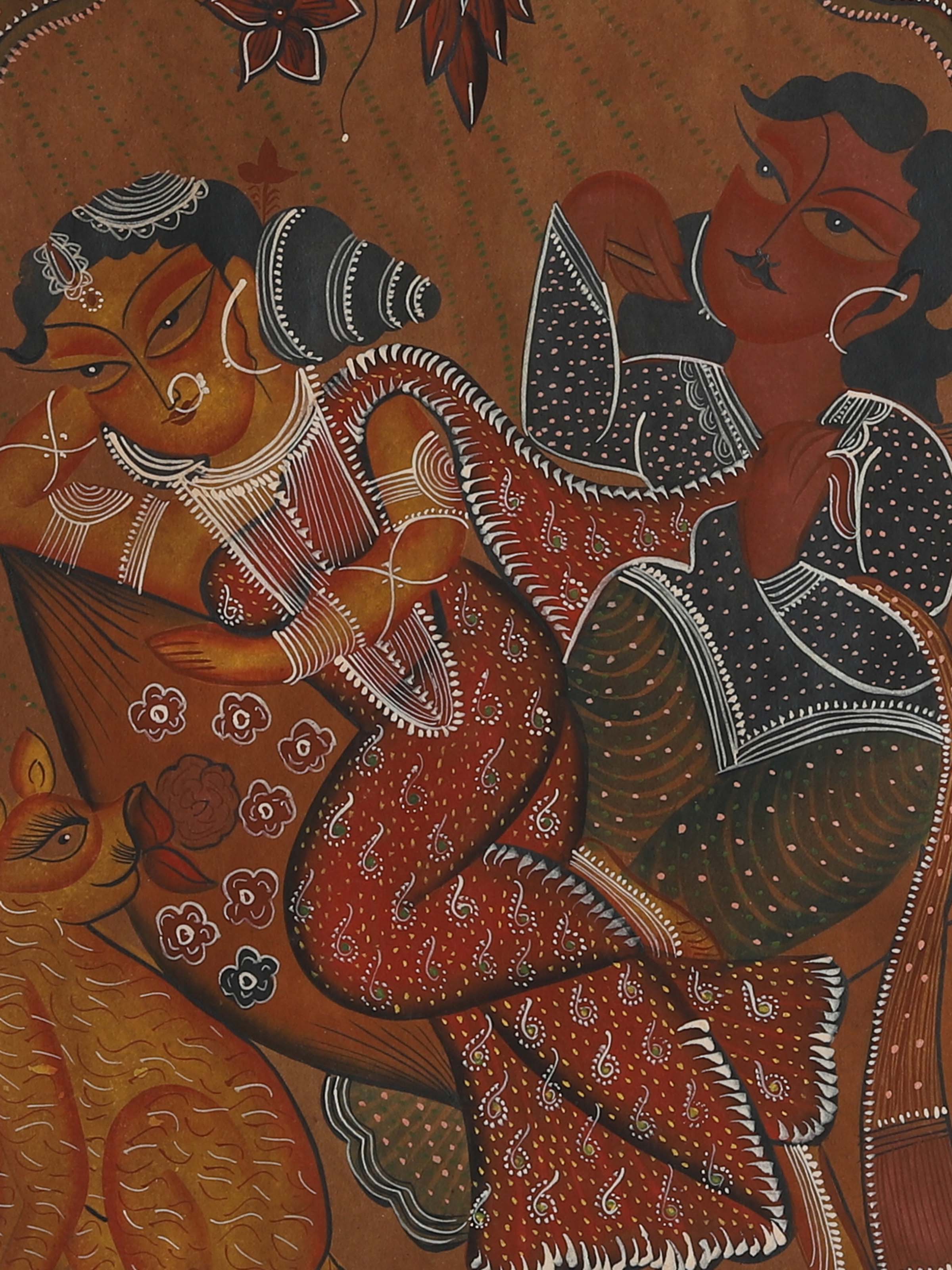 Close-up detail view of Babu culture Kalighat folk art painting texture