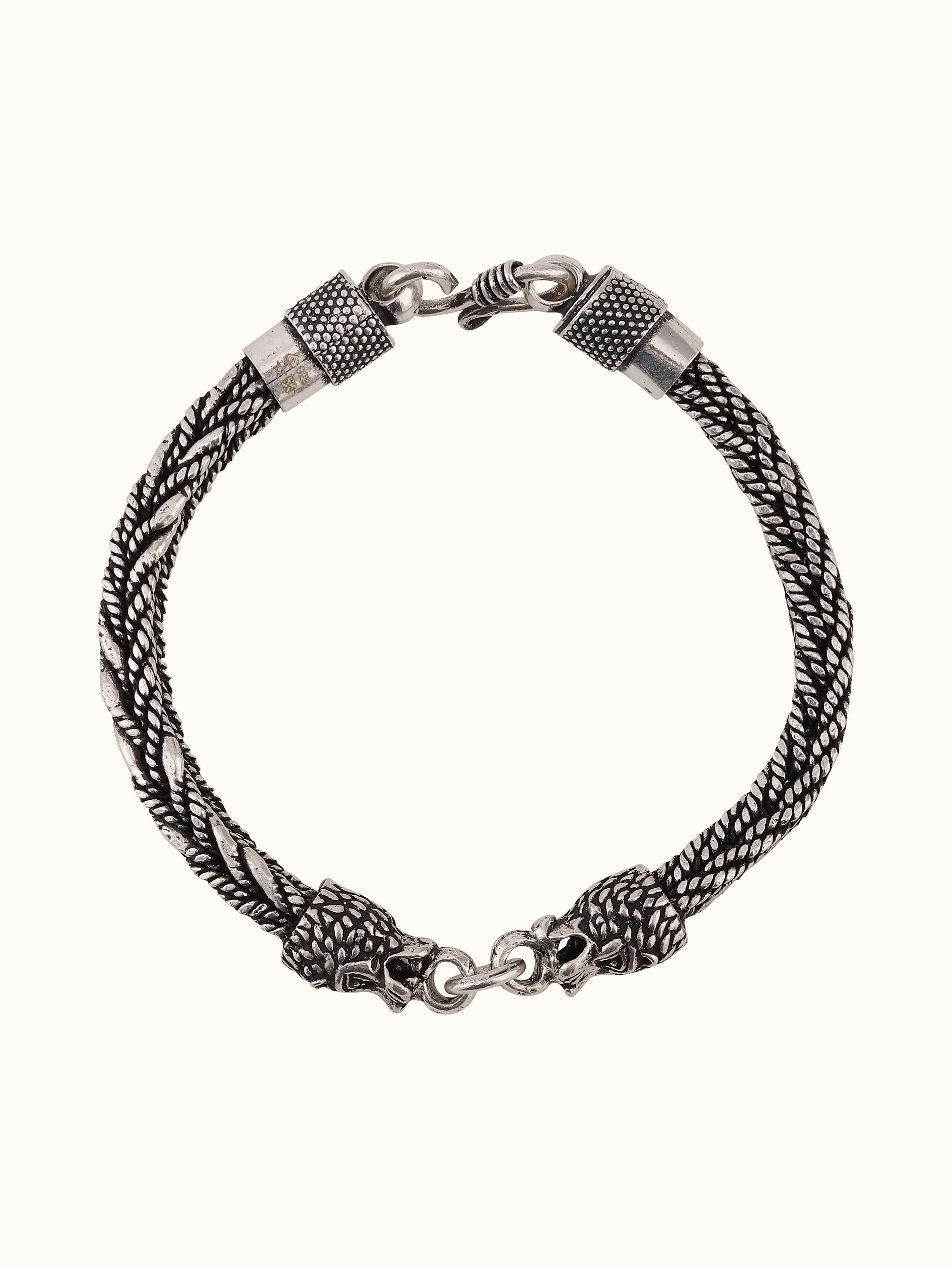 Front view of silver smithing men’s flexi bracelet with bold handcrafted chain links and polished edges.