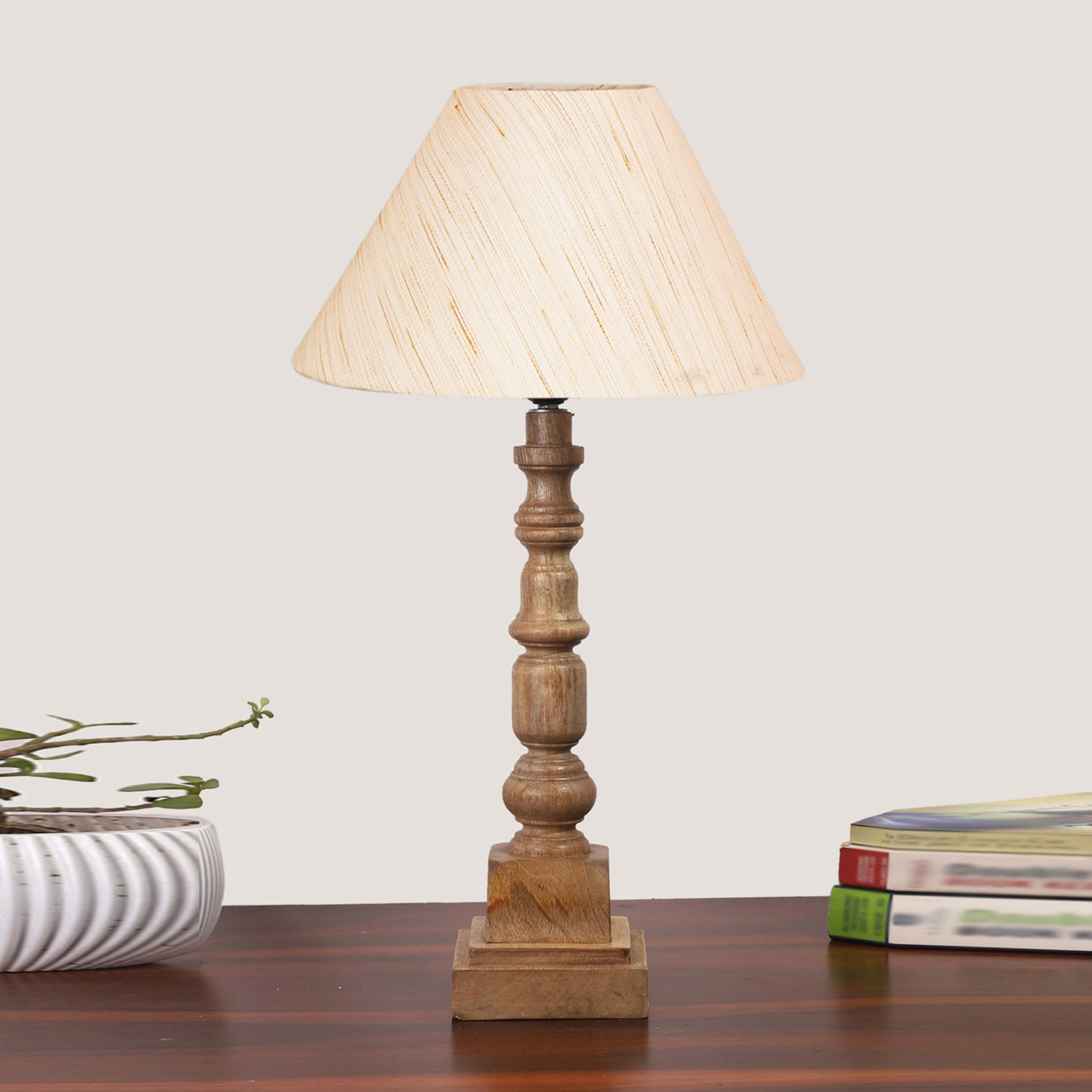 Devansh Off White Cotton Table Lamp With  Wood Natural Base (10X10X21 Inches)-27