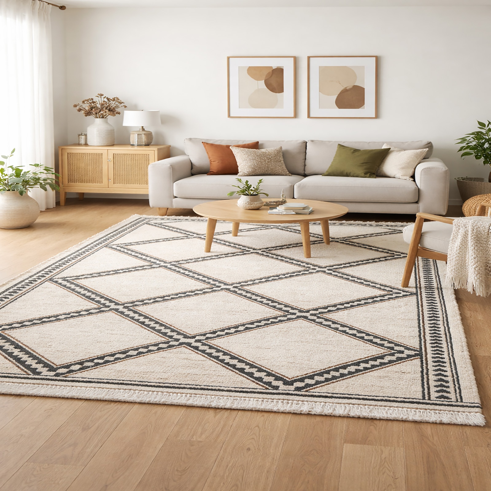 Lattice Diamond Wool Rectangle Carpets Hand Tufted in Black Colour