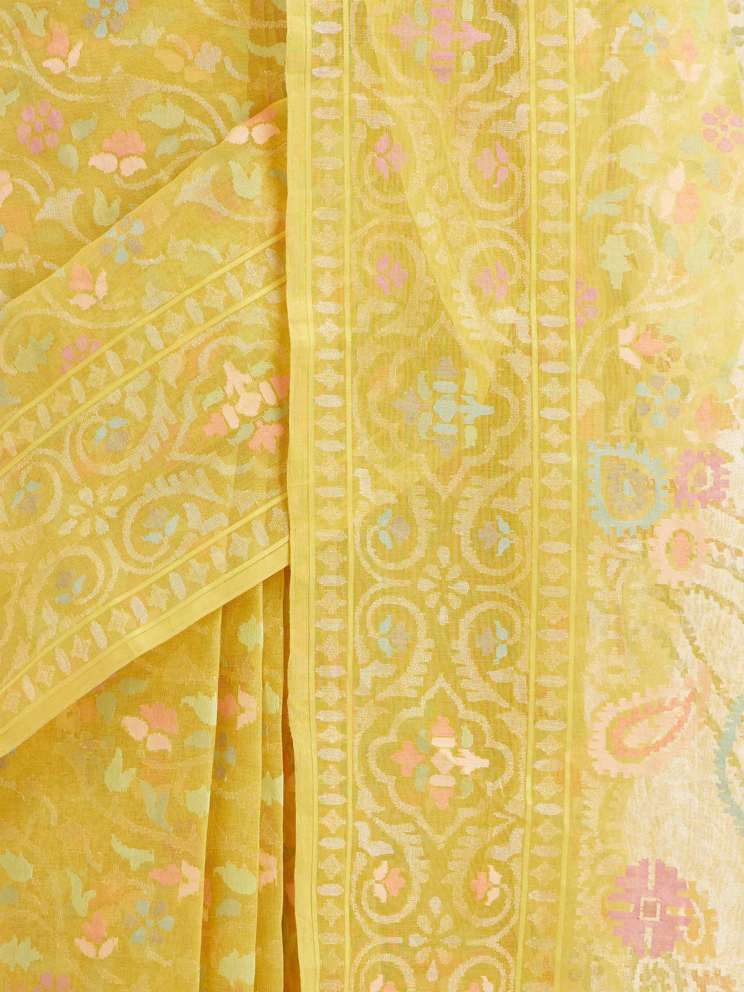 Detail view of cotton Awadh Jamdani Banarasi saree showing fabric texture and weave craftsmanship