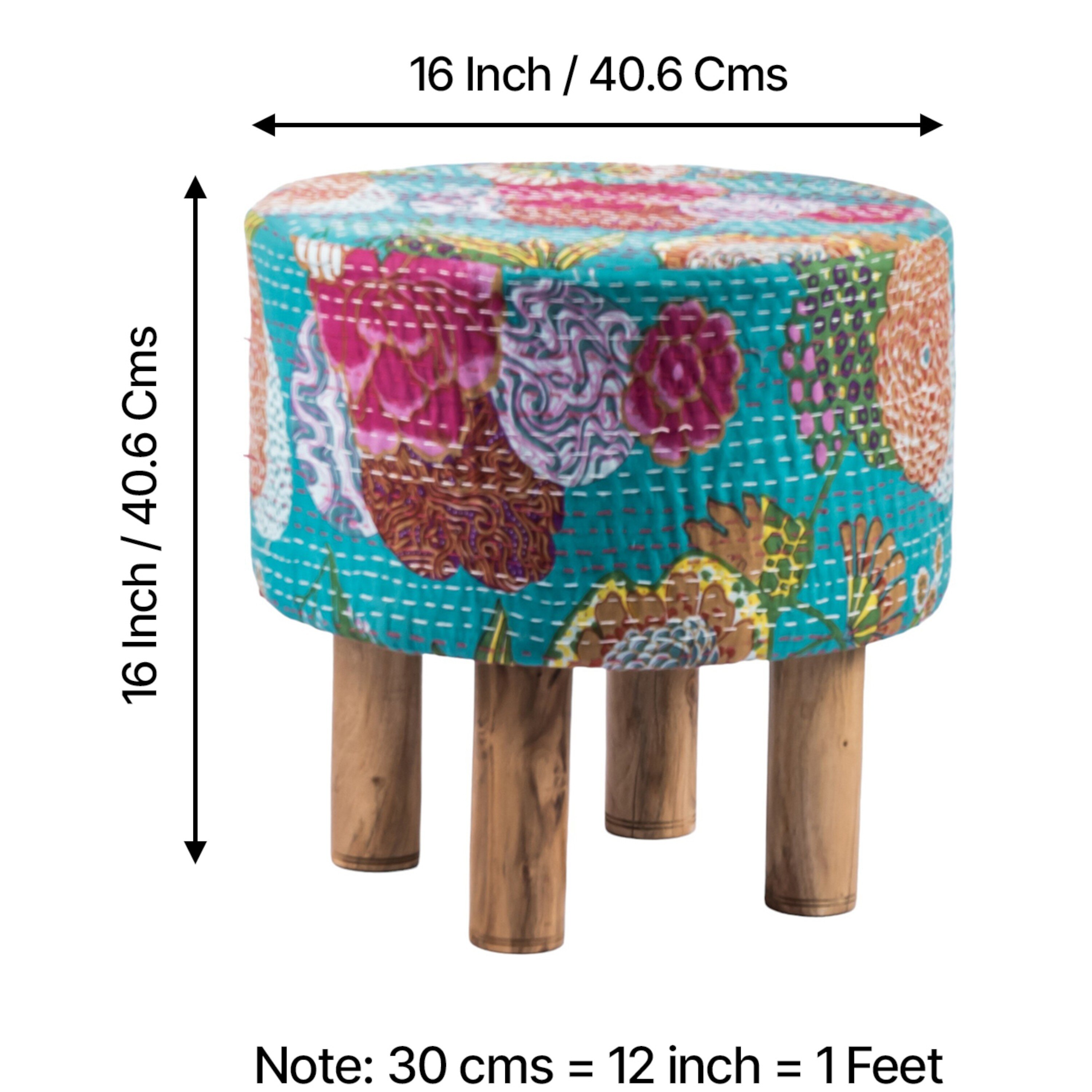 Morgan Solid Wood Pouf Stool in Floral Print Green Kantha Fabric