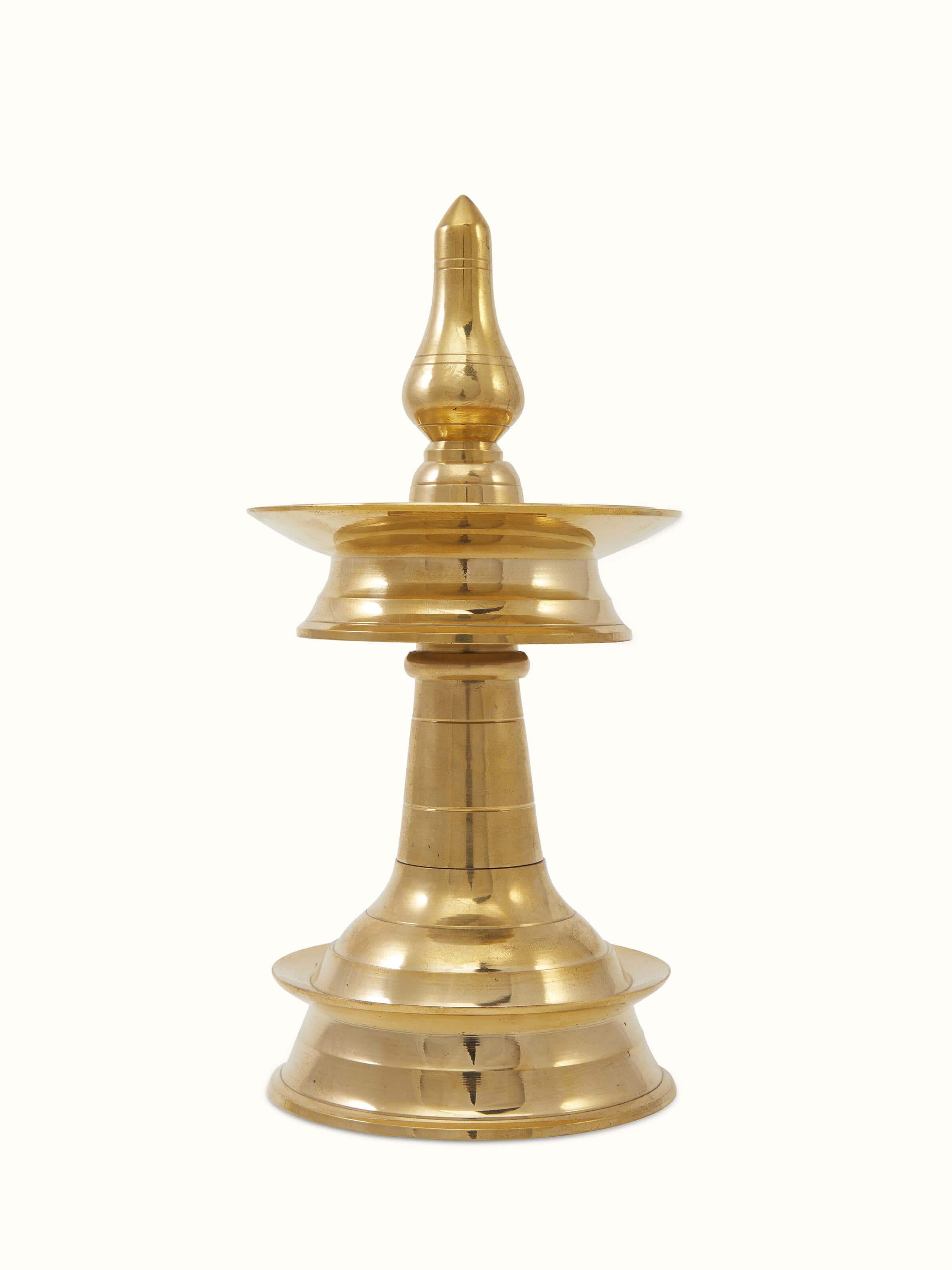 Side and angled view of traditional brass samai vilakku stand diya showcasing the detailed craftsmanship and elegant design