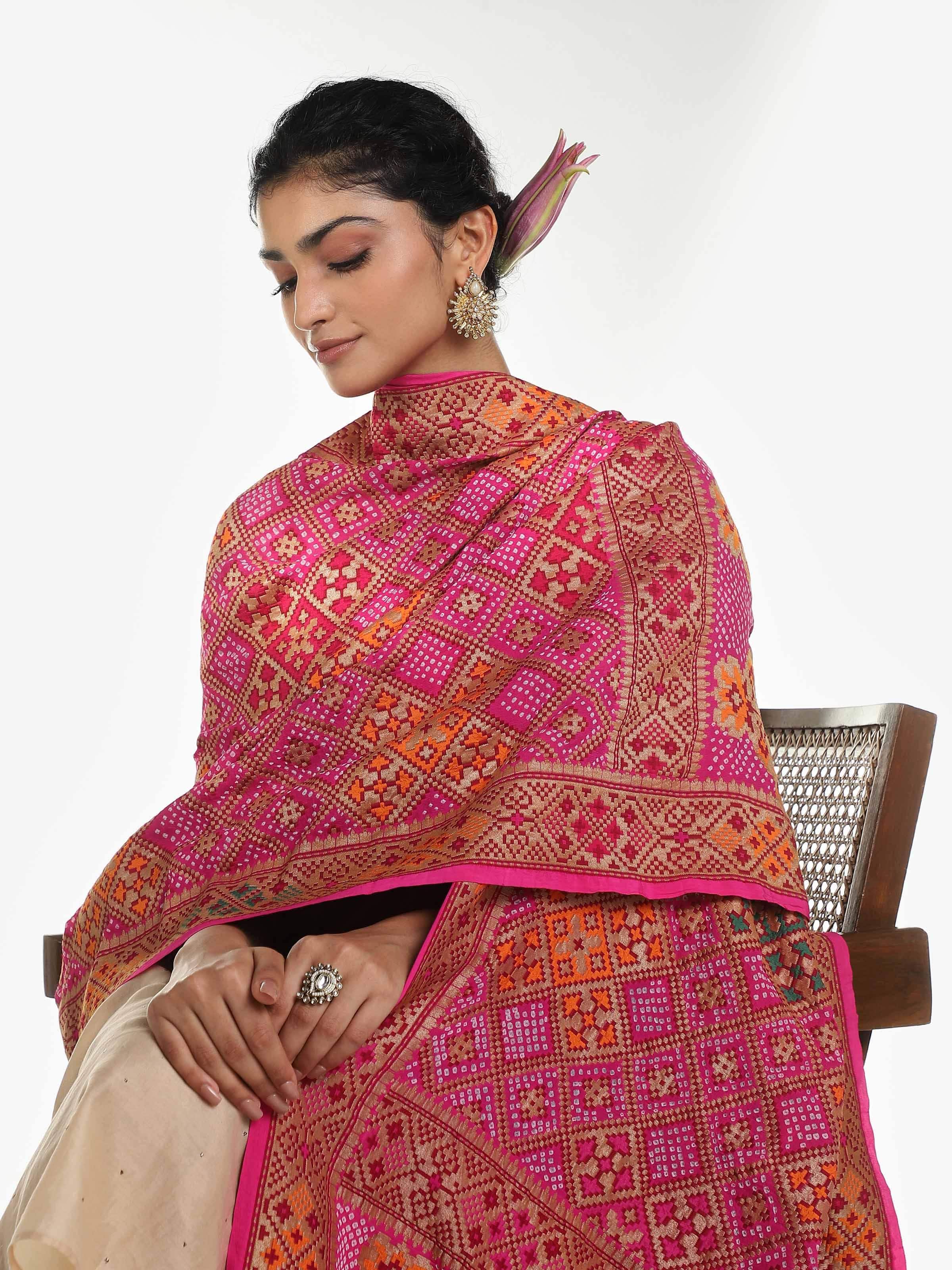 Pink Banarasi Crepe Bandhani Tie & Dye Dupatta