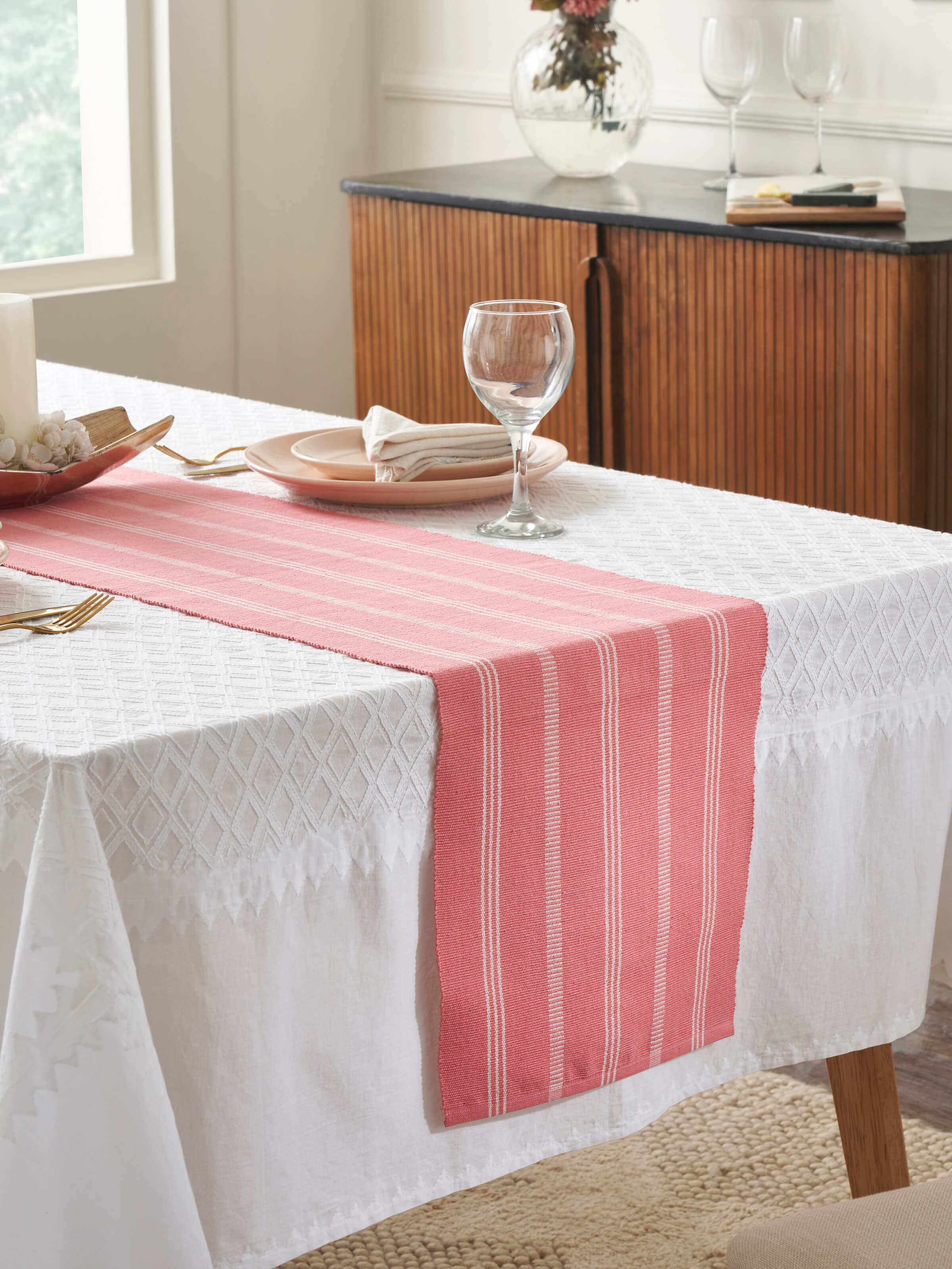 Top view presenting the full length and neat weave of the table runner