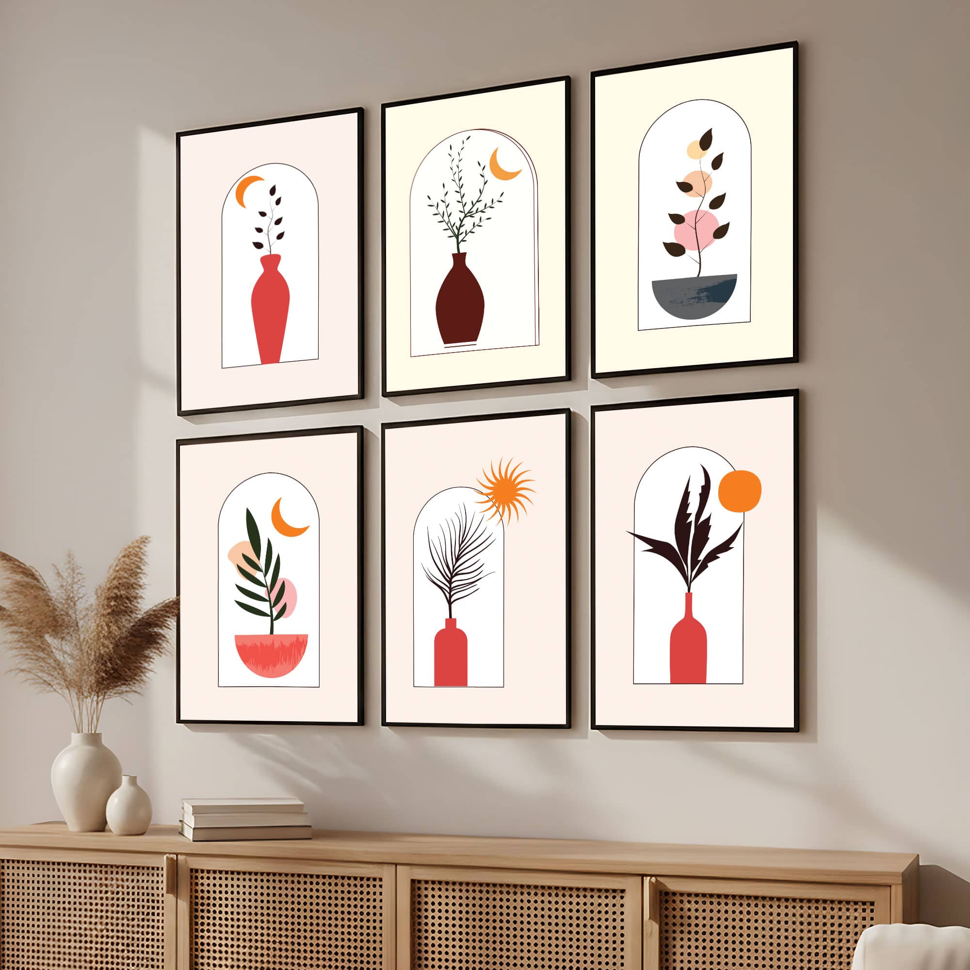 The Castle Decor Boho Abstract Botanical Wall Art Set of 6 Design 5 11x17 Inch - The Castle Decor