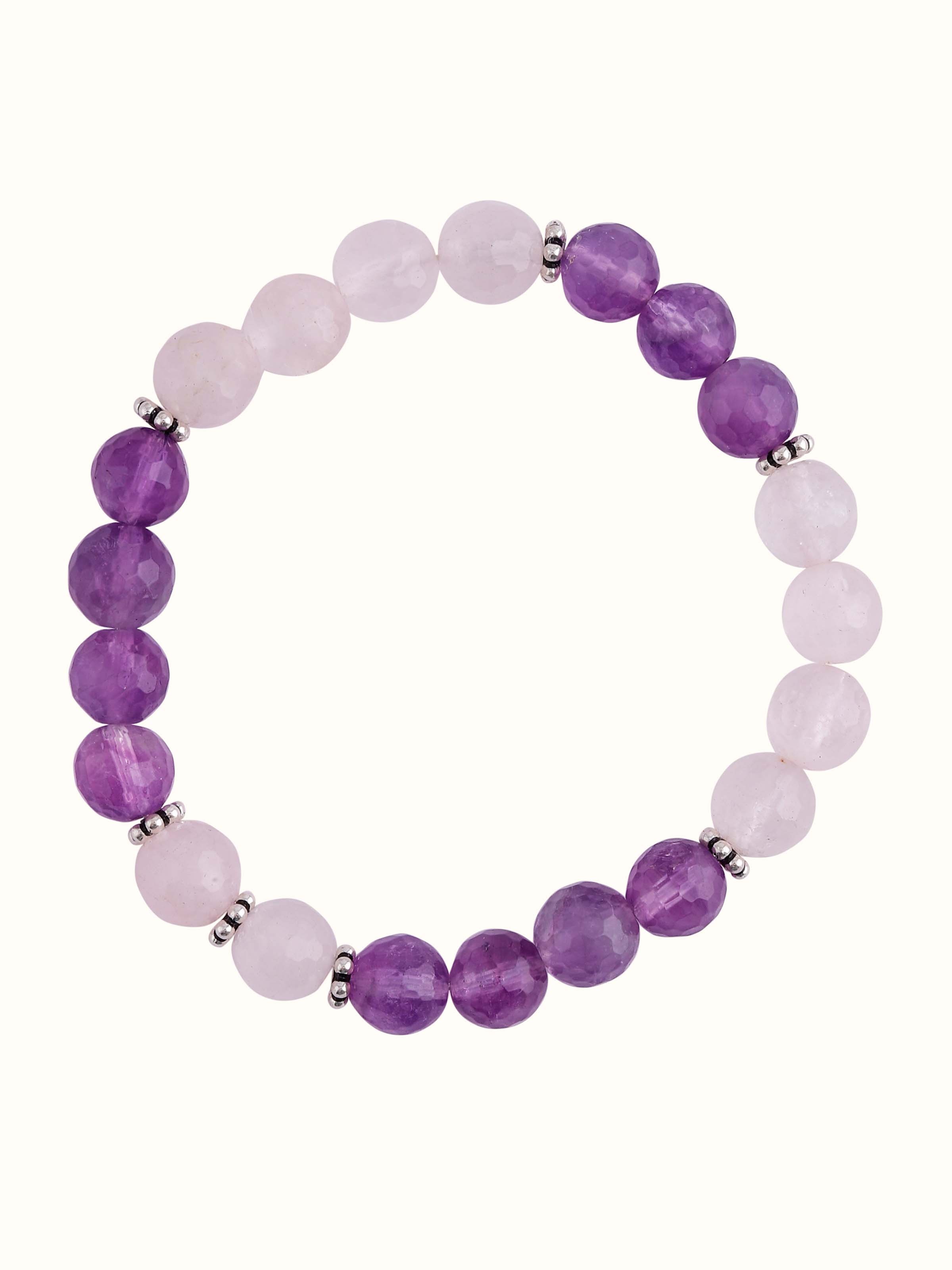Front view of Amethyst & Rose Quartz Silver Bracelet highlighting polished gemstones set in silver links
