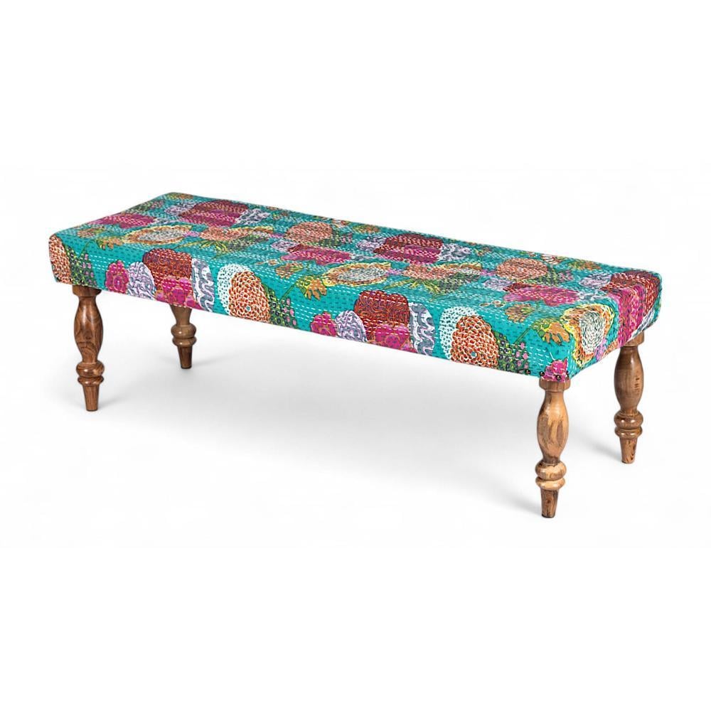 Cairo Solid Wood 2 Seater Bench In Floral Print Green Kantha Fabric