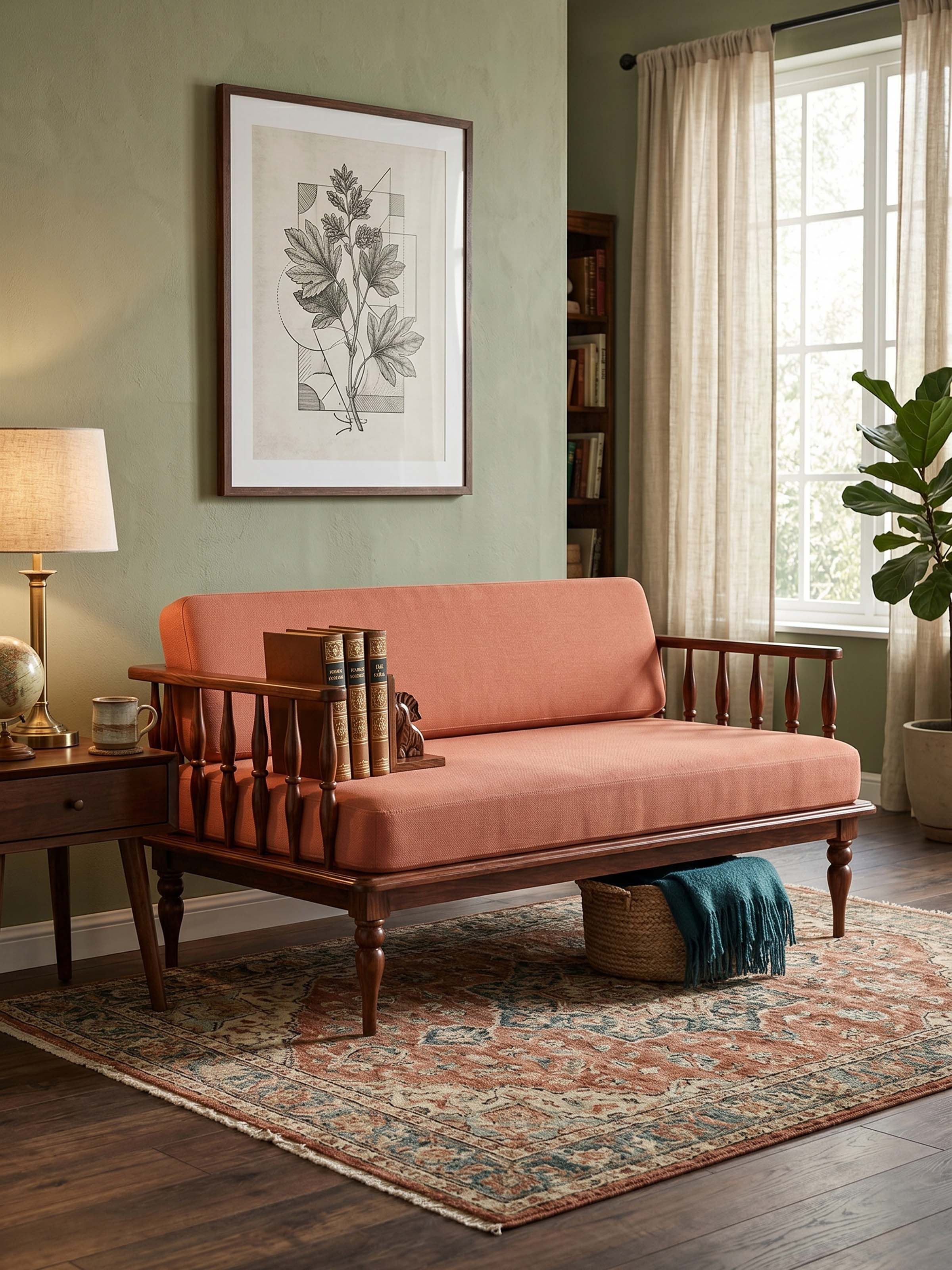 Rust Dobby Fabric Upholstered Sheesham Wood 2-seater Sofa