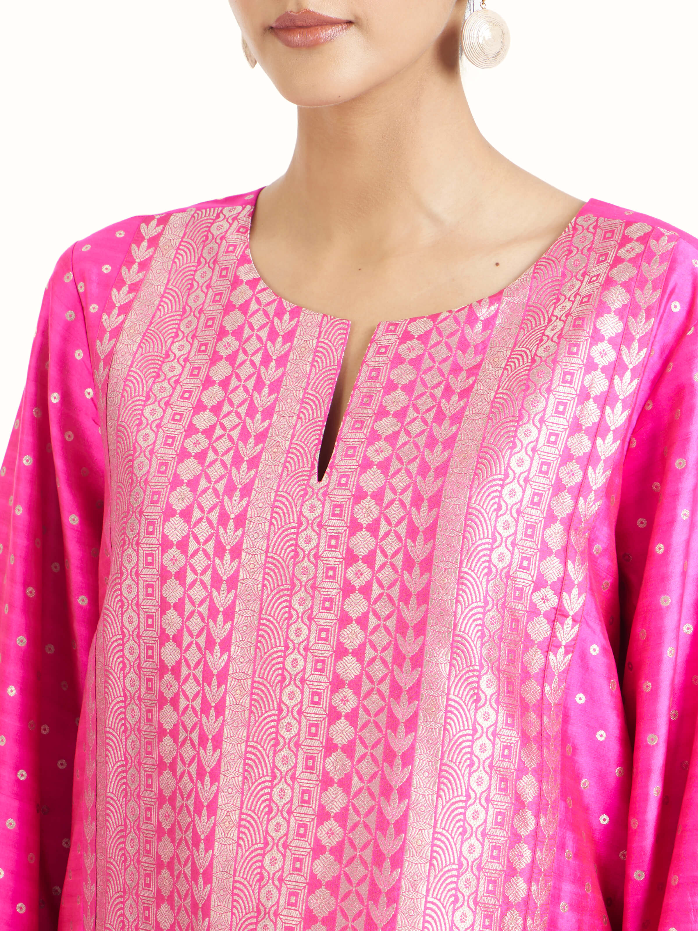 Detail view of pink silk Banarasi co-ord set showcasing craftsmanship