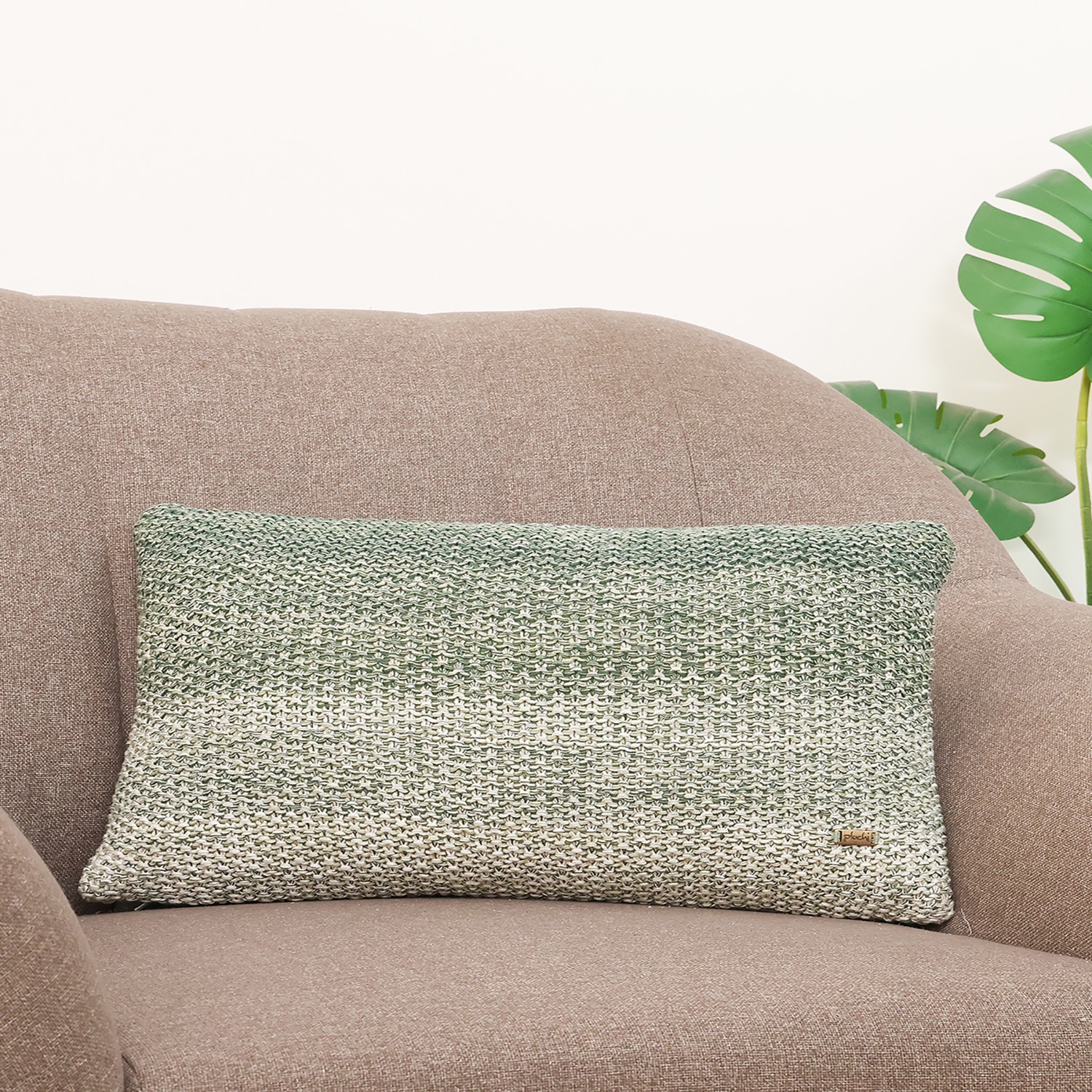 Ombre Moss Knit Mint Green  And Natural Cushion Cover 12X20 Inches - Pluchi