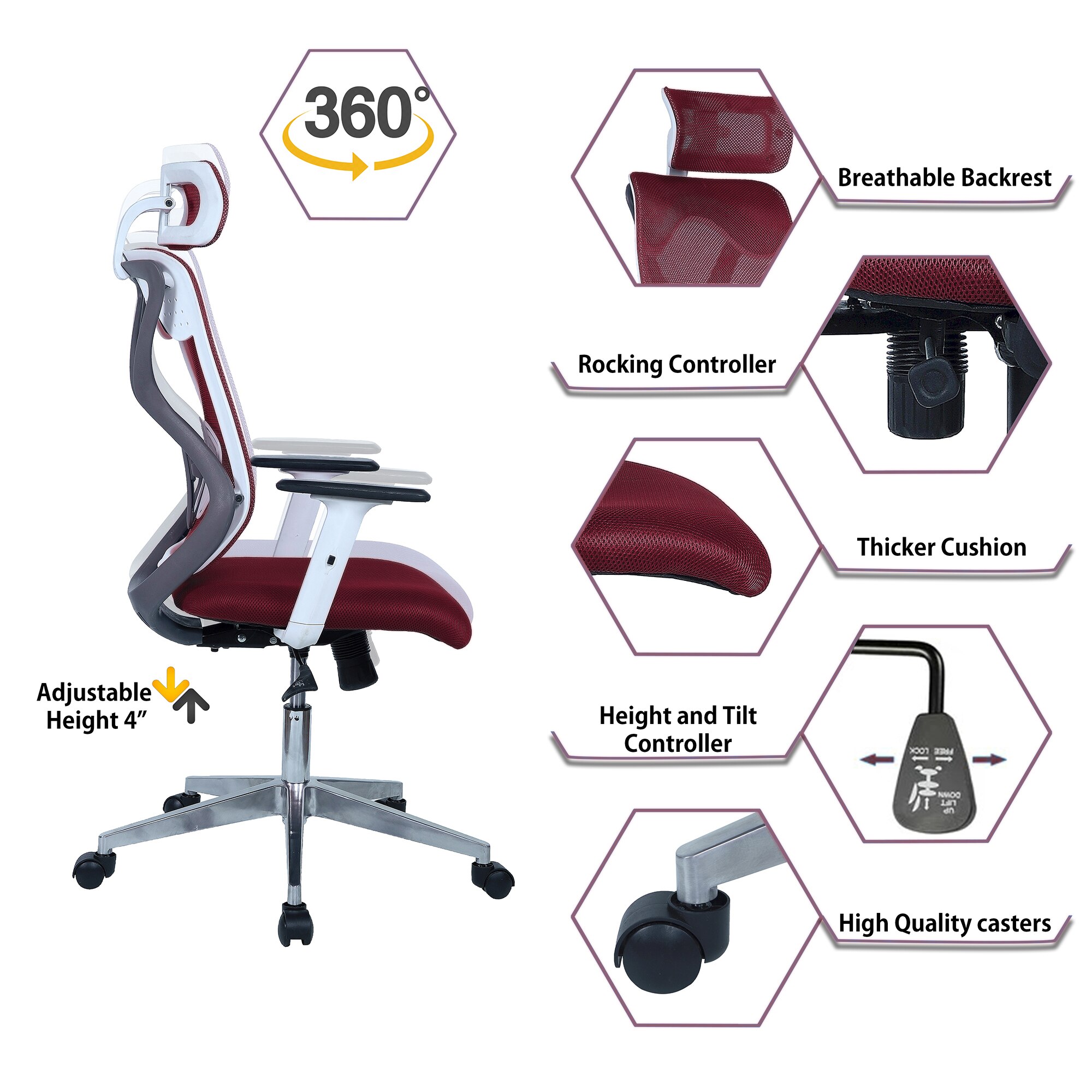 Wiweangs High Back Ergonomic Chair in Maroon Colour