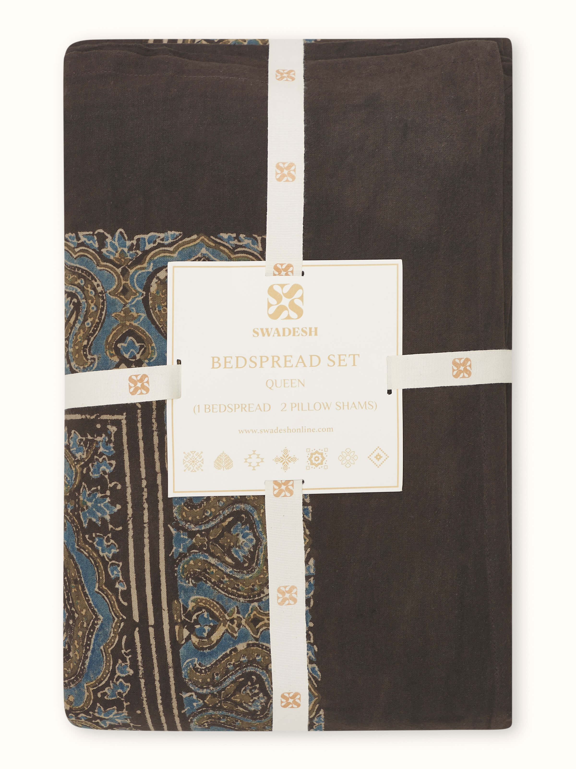 Full view of Sindh dark brown jaal cotton ajrakh block printed queen bedspread set (3 pcs) displaying the complete set with its rich dark brown color and ajrakh prints.