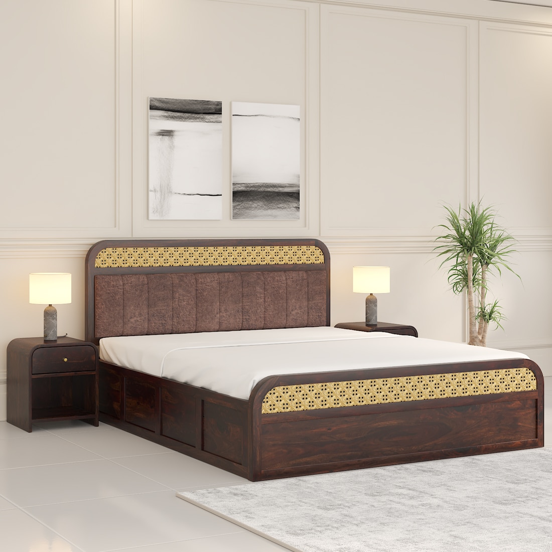 Floral Solid Wood King Size Hydrulic Storage Bed In Walnut Finish Brown 72x78 inch - Woodenmood