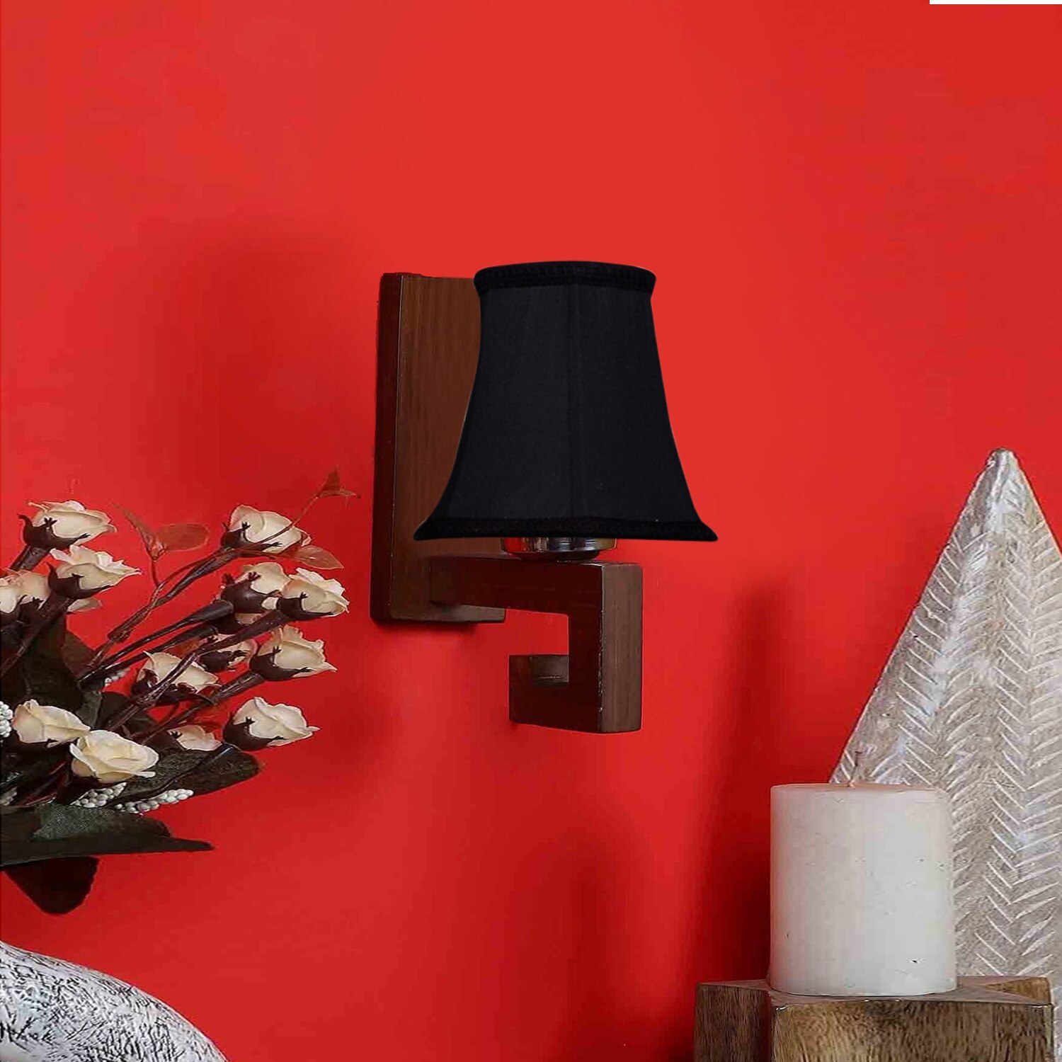 Devansh Wood Wall Mounted Lamp With Black Cotton Shade