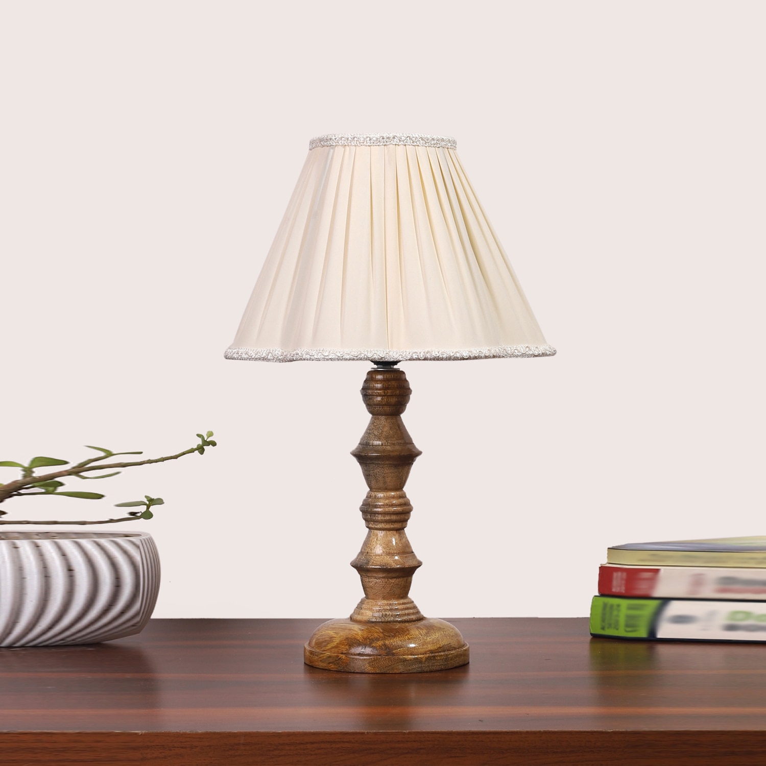 Devansh Off-White Cotton Vintage  Lamp With Wood Base (12X12X17)