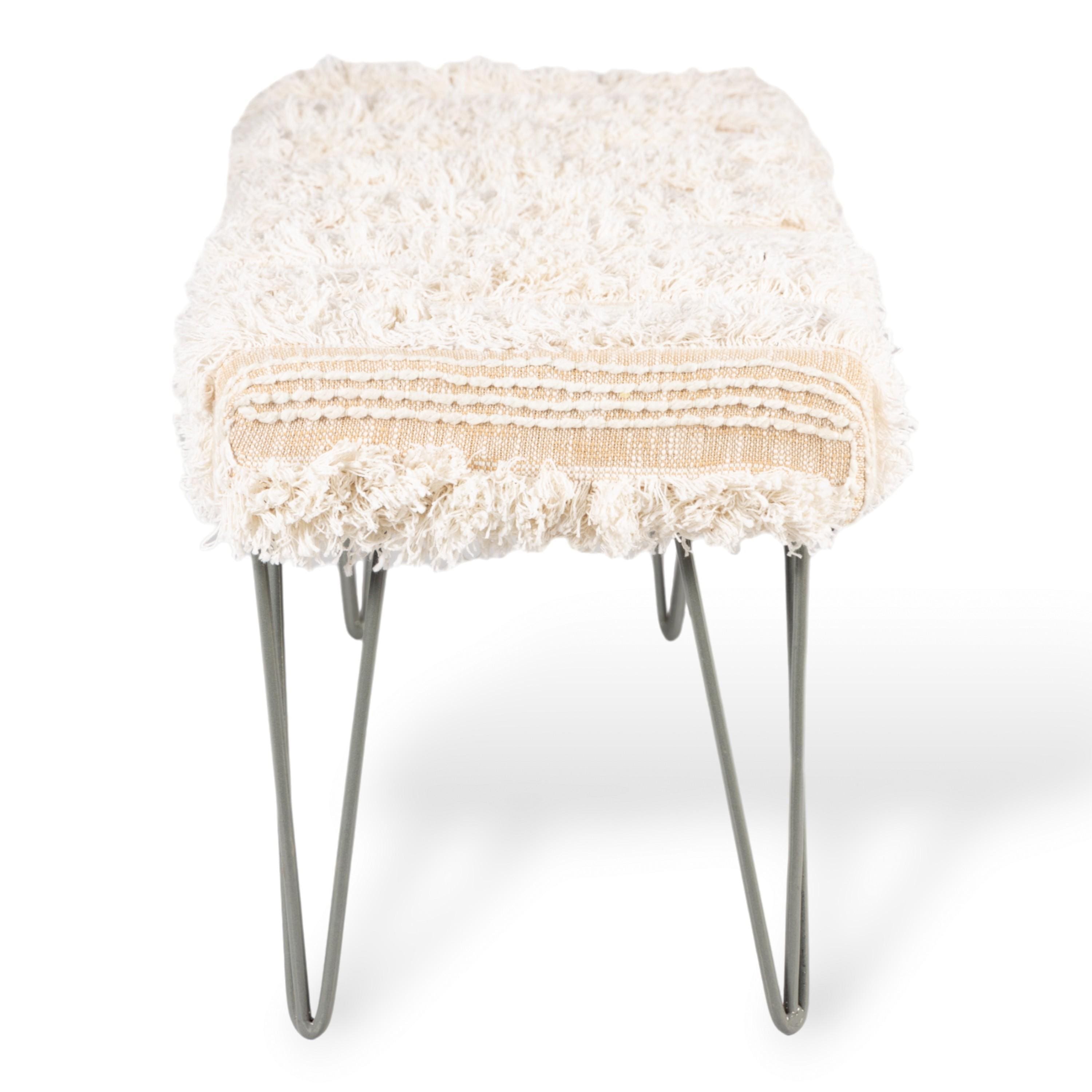 Belmont Sheesham Wood Mid Century 3 Seater Bench With Metal Legs In Beige Fabric