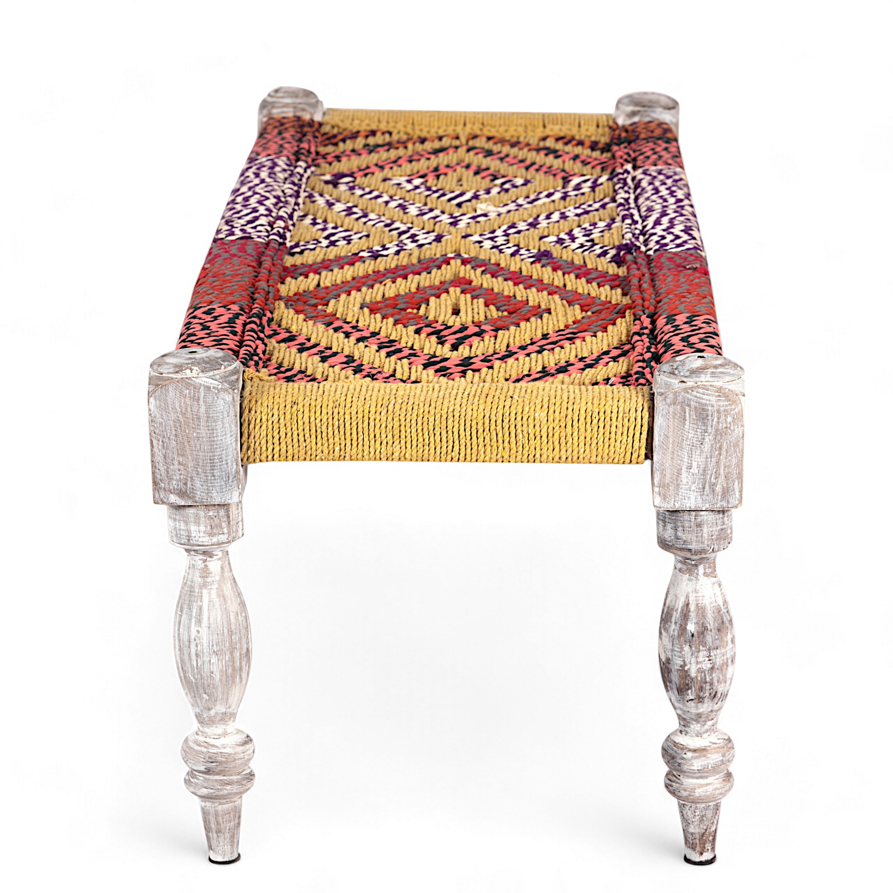 Hamilton Sheesham Wood 2 Seater Maachi Bench In Assorted Multi-Colour Chindi & Yellow Rope Canning