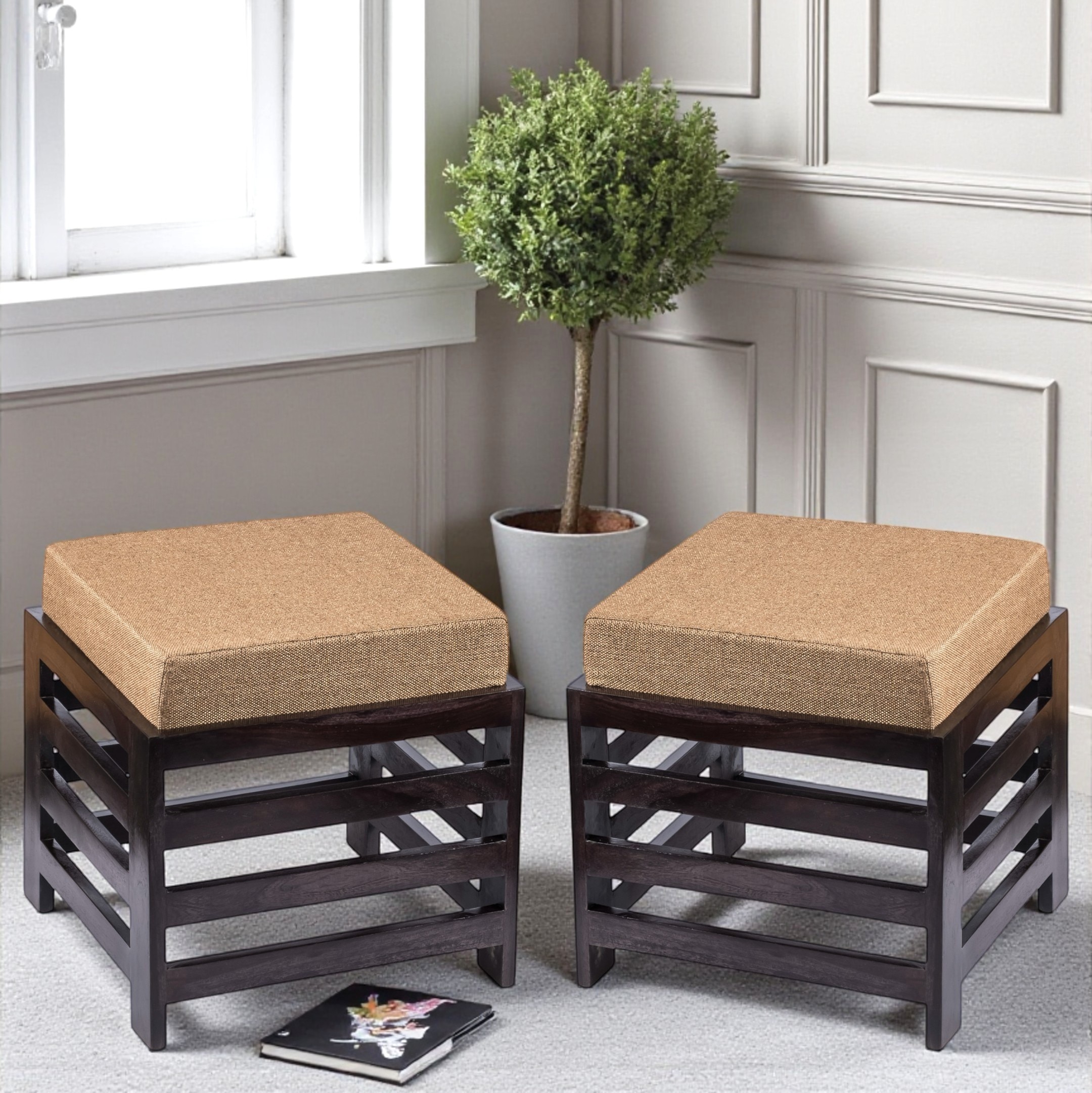 Houston Sheesham Wood Contemporary Set of 2 Stools in Jute Beige, Extra Dark Mahogany Finish