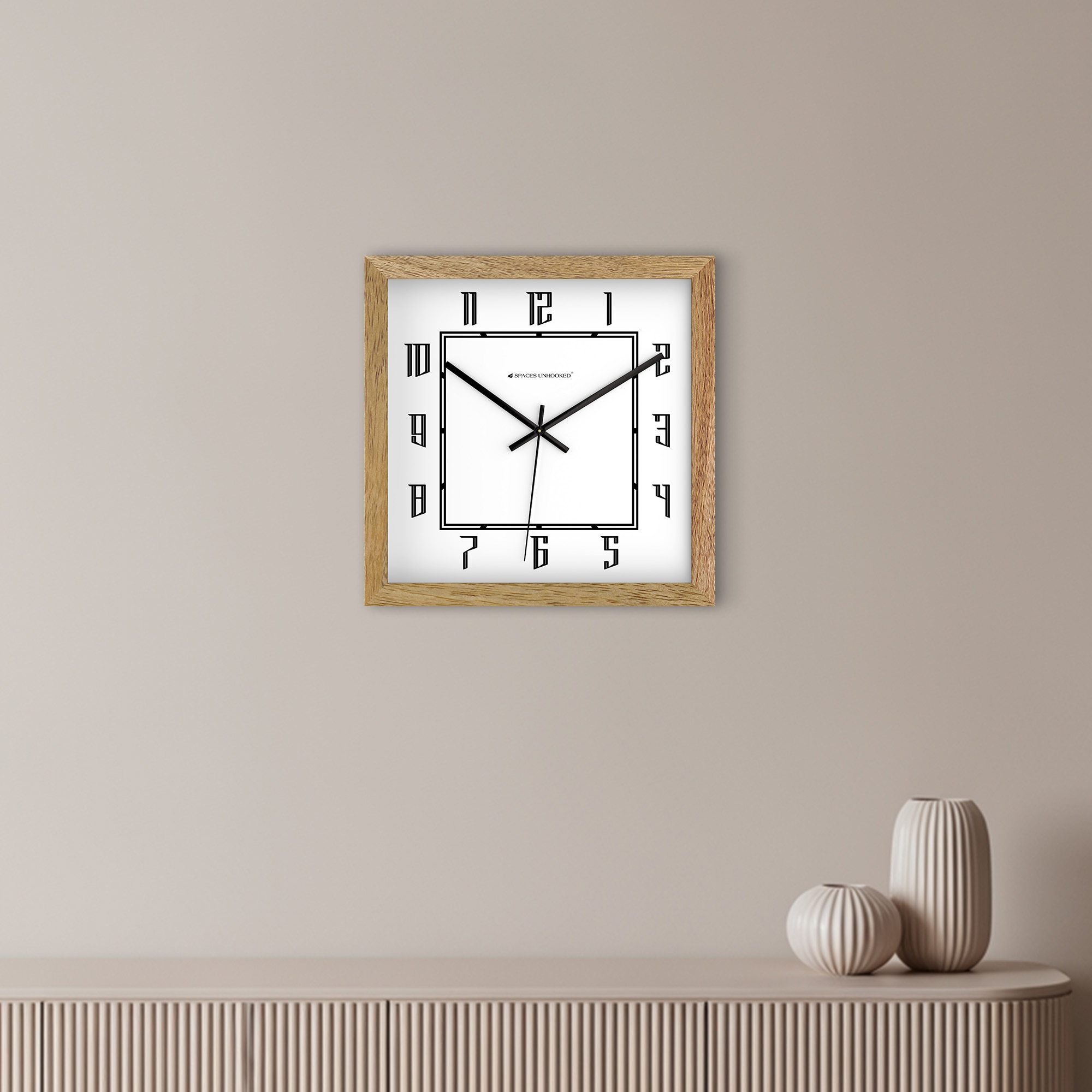 Minimal Square Wooden Wall Clock with Stylised Numerals and Clean Frame - Spaces Unhoooked