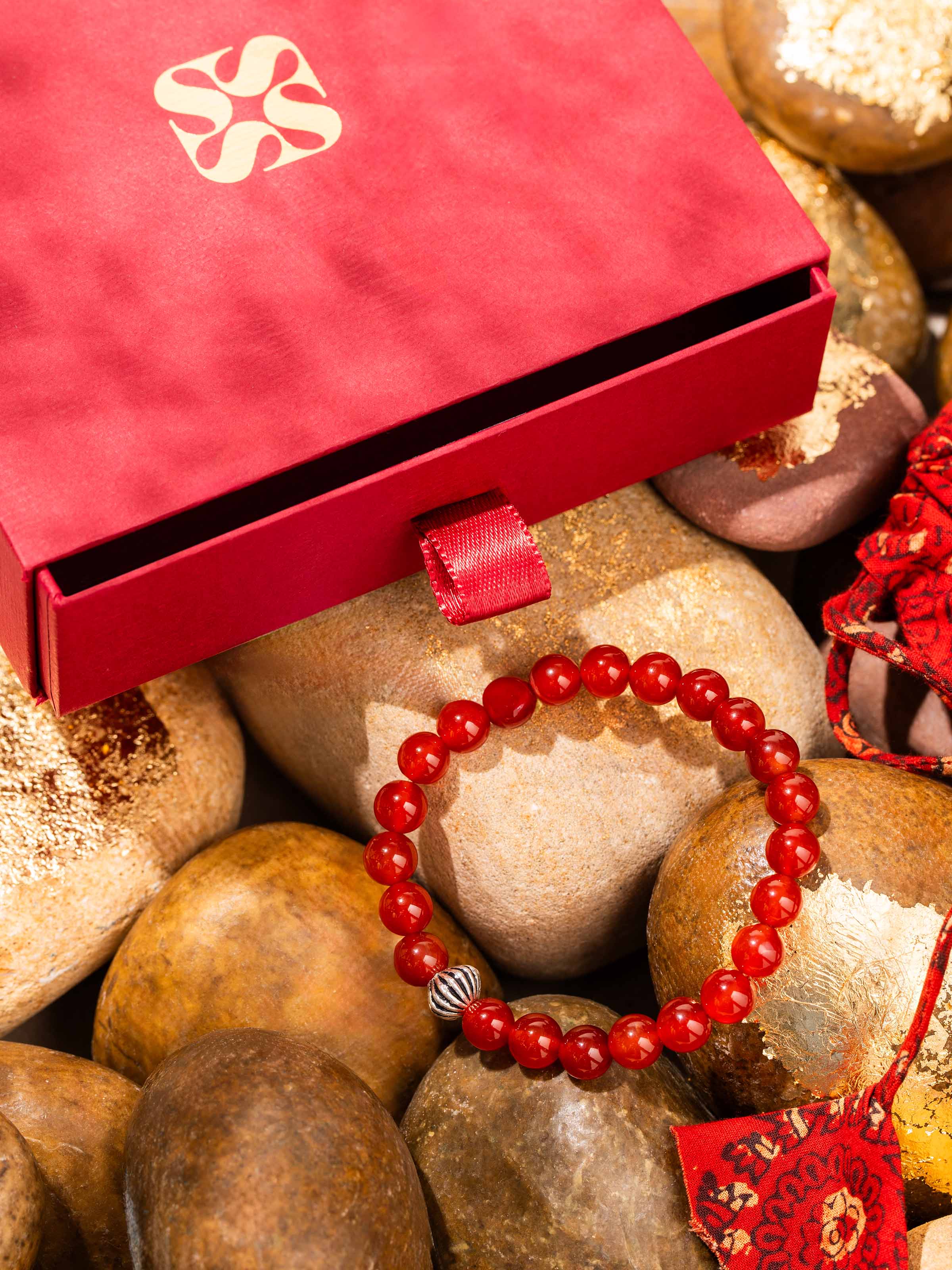 Close-up view of Carnelian Silver Bracelet showcasing the smooth surface and rich tone of carnelian stones