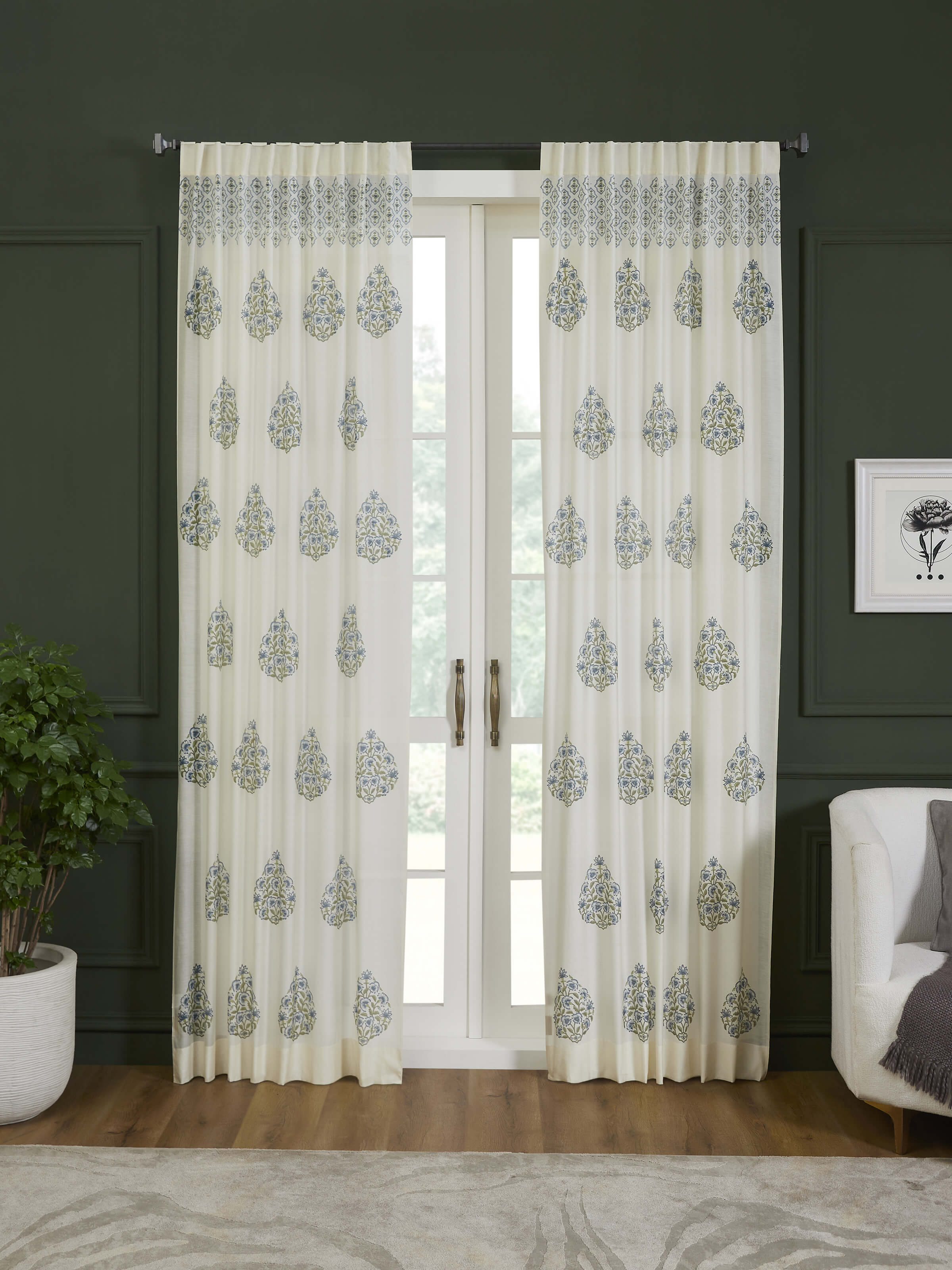 Aarunya Blue Buta Cotton Silk Sanganeri Hand Block Printed Sheer Curtain (9 Ft)