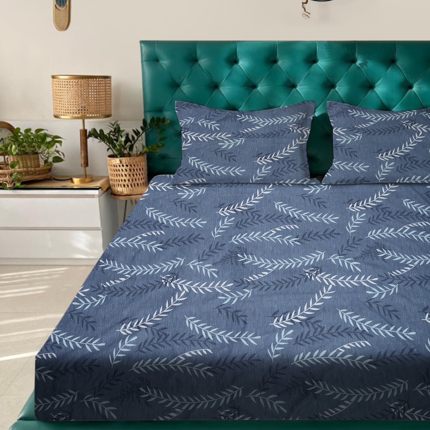 Dark Blue Floral 180 TC Flat 1 Queen  Bedsheet with 2 Pillow Covers