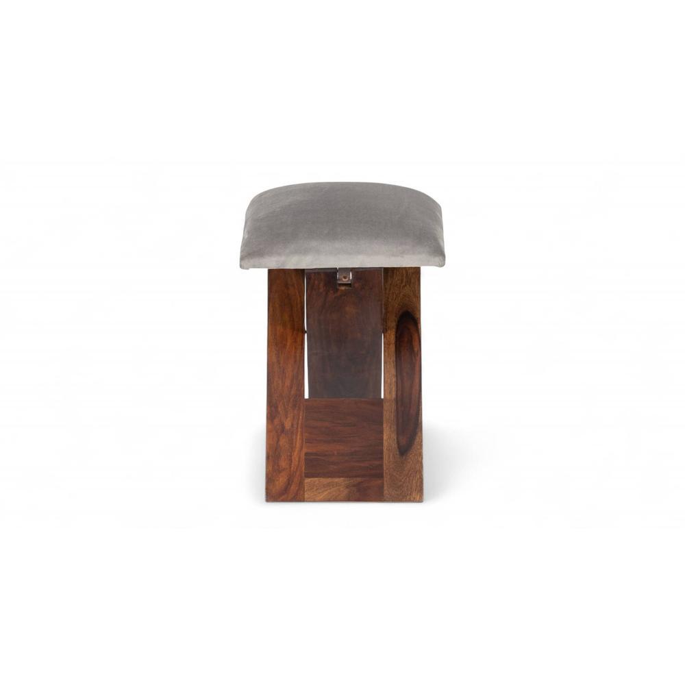 Dayton Sheesham Wood Accent Square Set of 2   Stools in Grey Cotton Velvet Upholstery