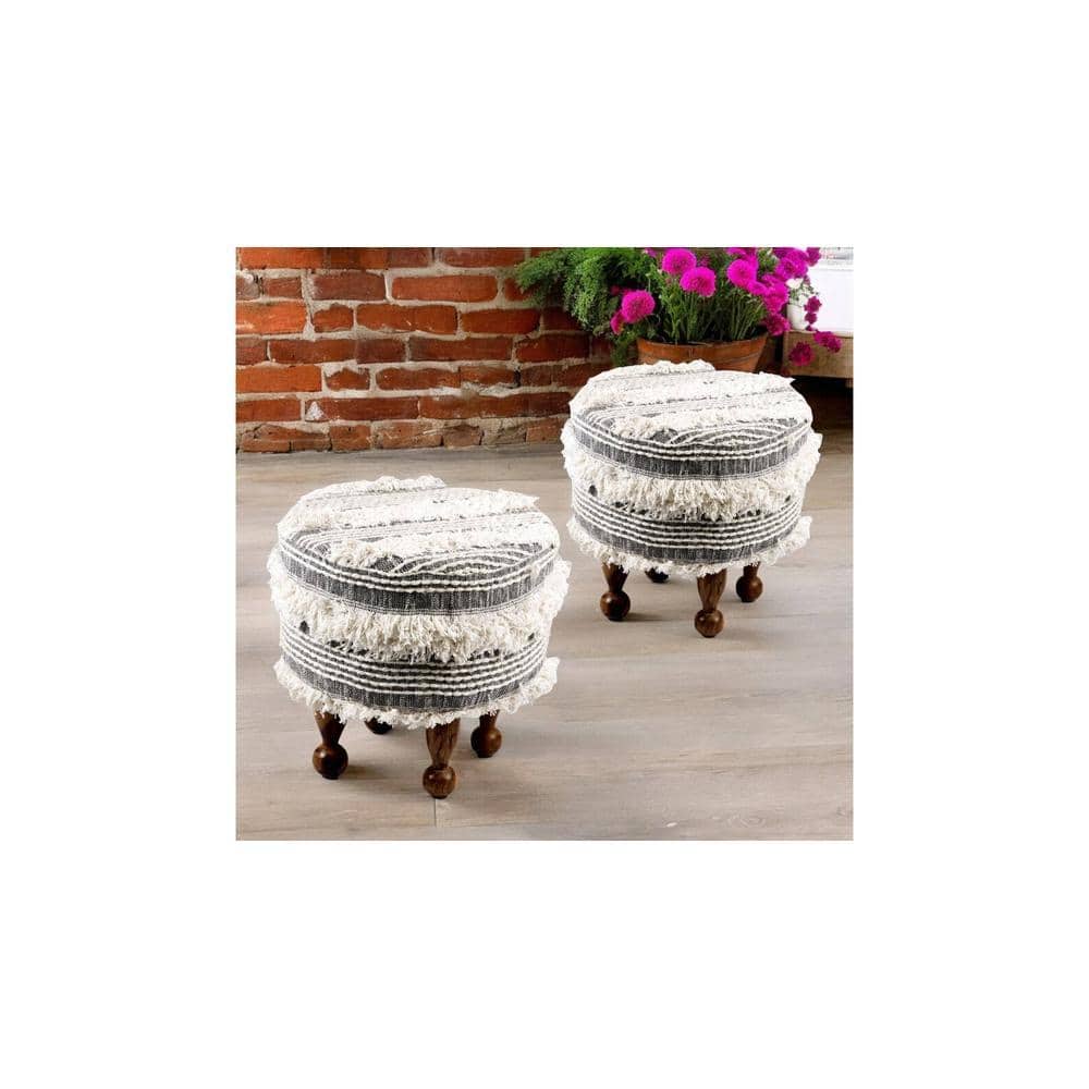 Louisville Acacia Wood Mid Century Round Set of 2 Pouf Stools in Grey Fabric