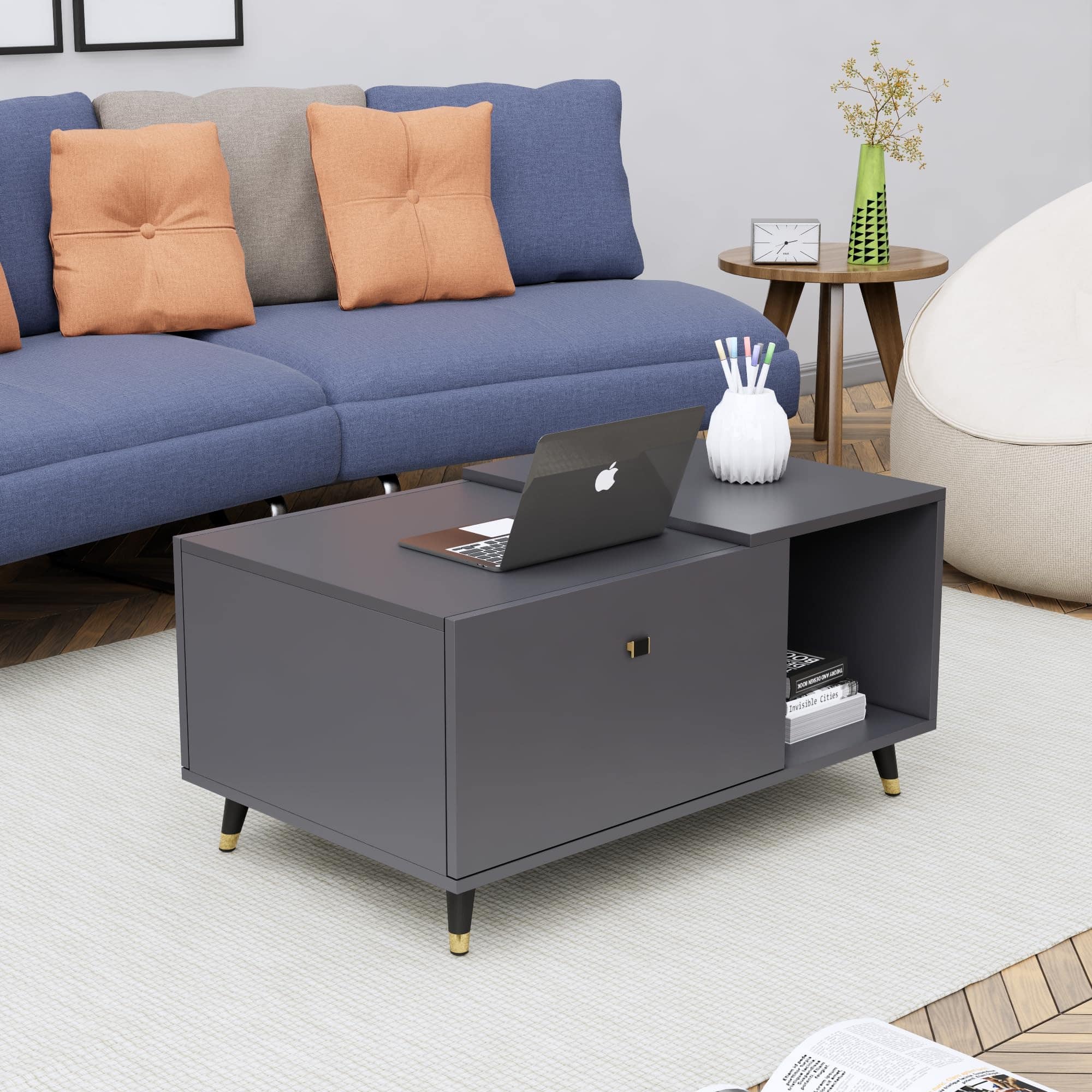 Hexa Engineered Wood Center Table With Storage And Open Rack In Slate Grey - HexaRed